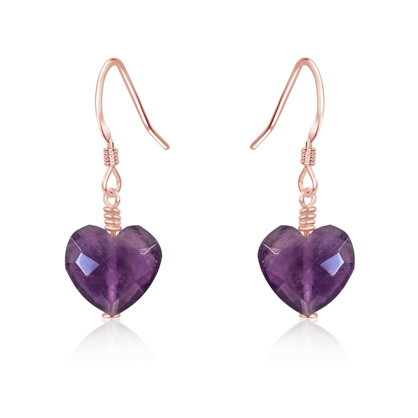Amethyst Crystal Heart Dangle Earrings - Amethyst Crystal Heart Dangle Earrings - 14k Rose Gold Fill - Luna Tide Handmade Crystal Jewellery