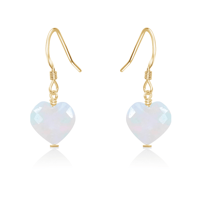 Rainbow Moonstone Crystal Heart Dangle Earrings - Rainbow Moonstone Crystal Heart Dangle Earrings - 14k Gold Fill - Luna Tide Handmade Crystal Jewellery