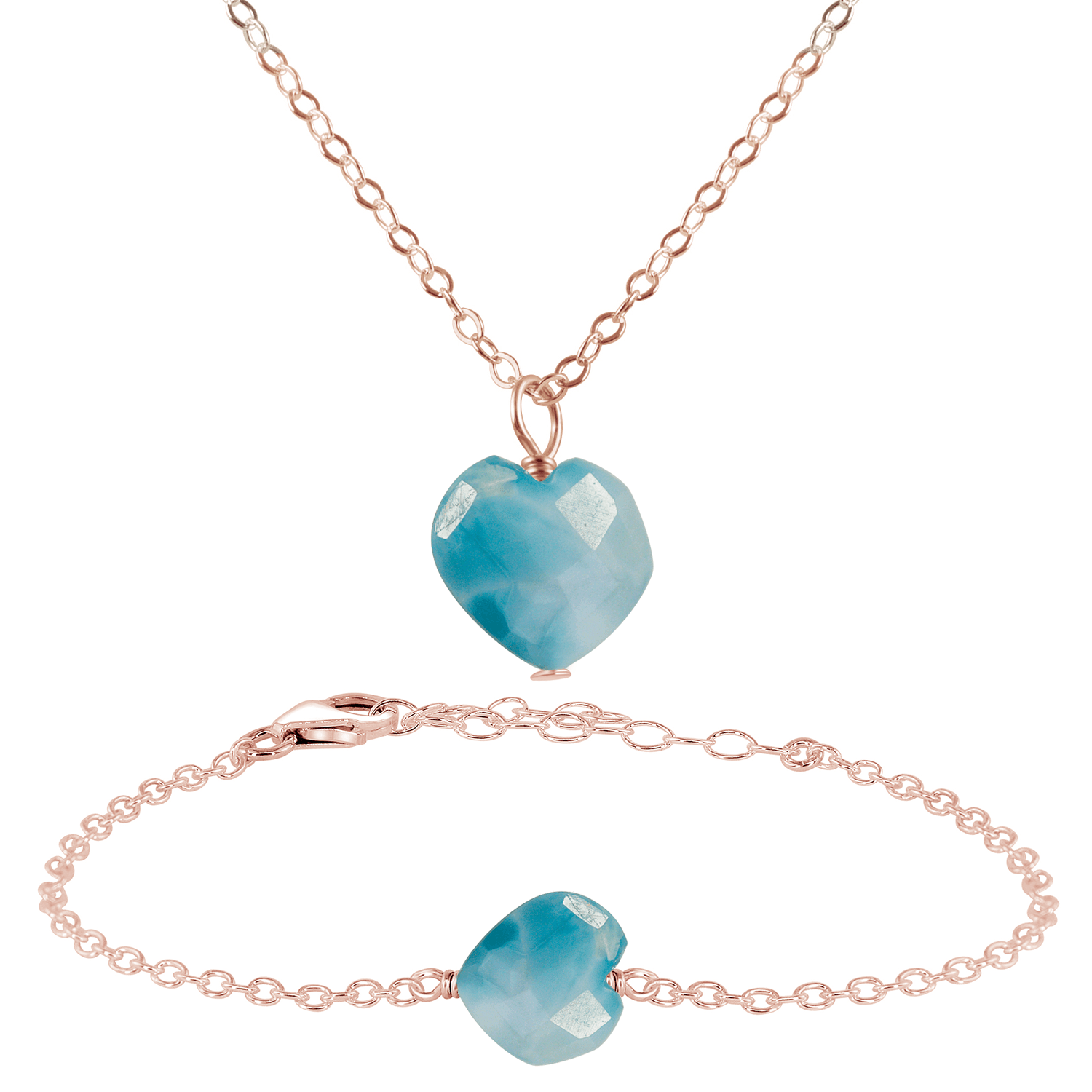 Larimar Crystal Heart Jewellery Set - Larimar Crystal Heart Jewellery Set - 14k Rose Gold Fill / Cable / Necklace & Bracelet - Luna Tide Handmade Crystal Jewellery
