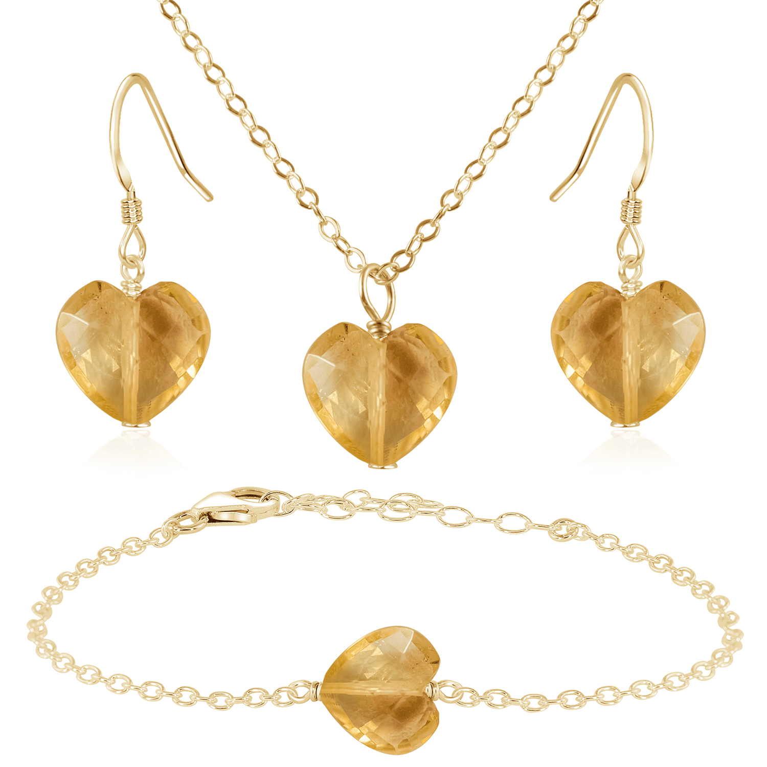 Citrine Crystal Heart Jewellery Set - Citrine Crystal Heart Jewellery Set - 14k Gold Fill / Cable / Necklace & Earrings & Bracelet - Luna Tide Handmade Crystal Jewellery
