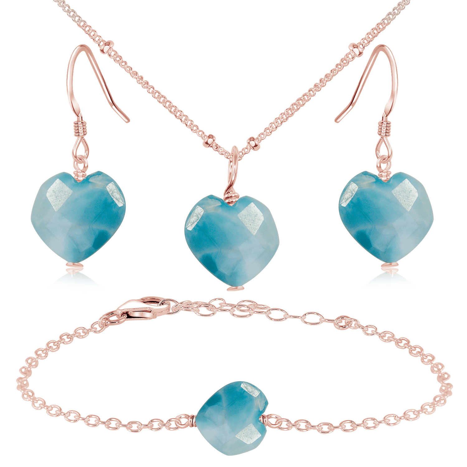 Larimar Crystal Heart Jewellery Set - Larimar Crystal Heart Jewellery Set - 14k Rose Gold Fill / Satellite / Necklace & Earrings & Bracelet - Luna Tide Handmade Crystal Jewellery