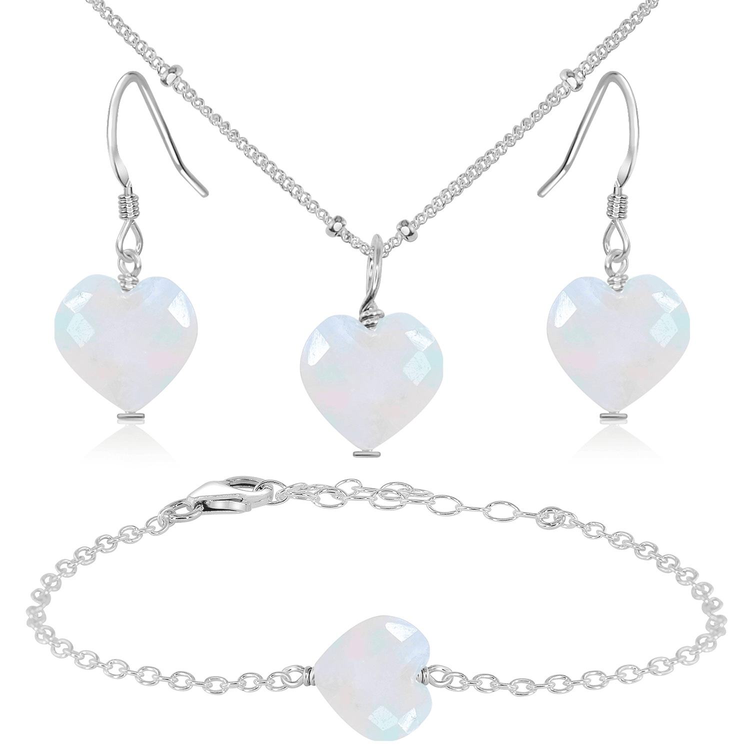 Rainbow Moonstone Crystal Heart Jewellery Set - Rainbow Moonstone Crystal Heart Jewellery Set - Sterling Silver / Satellite / Necklace & Earrings & Bracelet - Luna Tide Handmade Crystal Jewellery