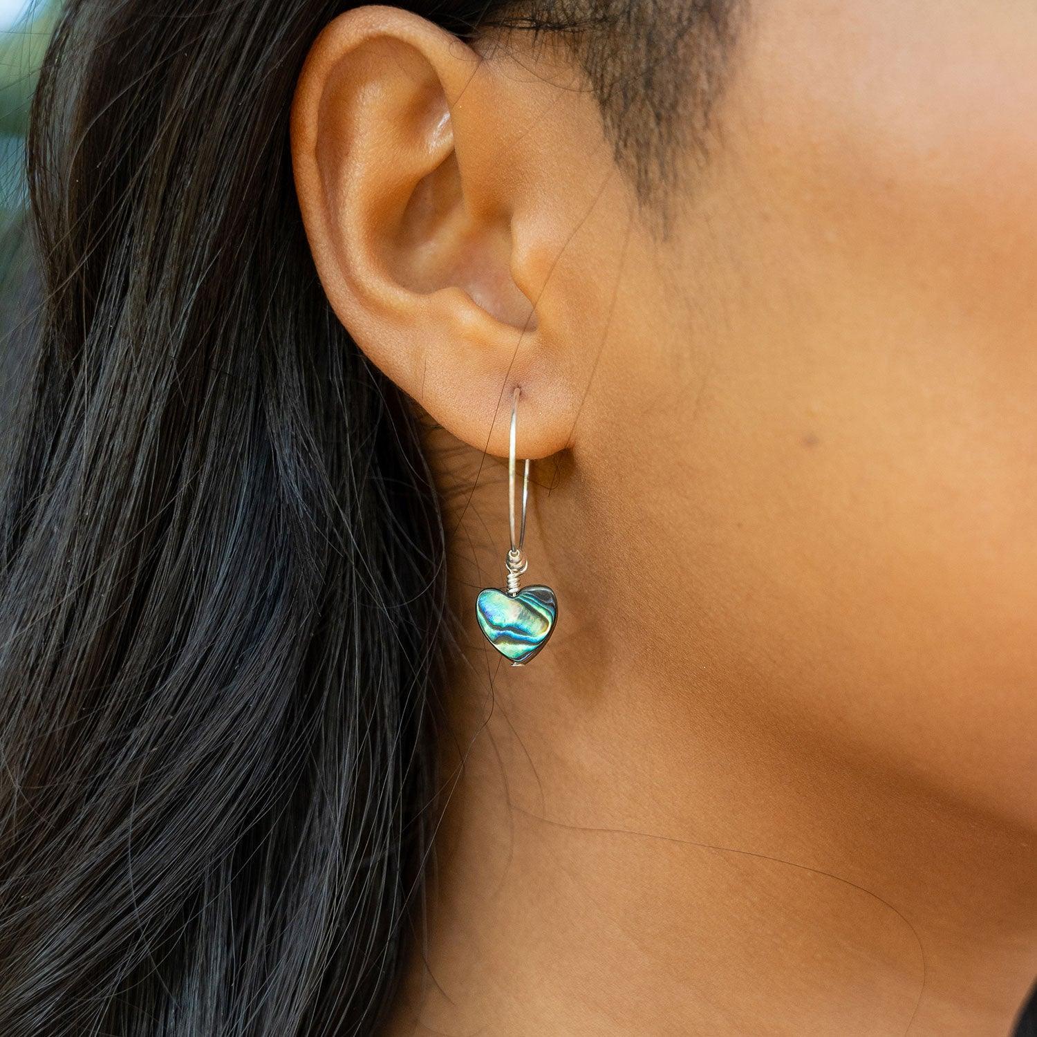 Abalone Shell Heart Dangle Hoop Earrings - Abalone Shell Heart Dangle Hoop Earrings - Sterling Silver - Luna Tide Handmade Crystal Jewellery