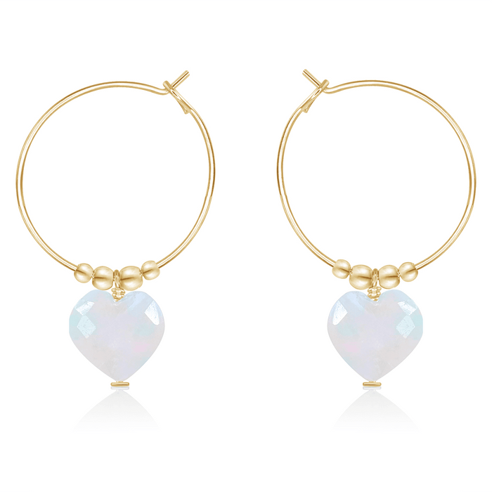 Rainbow Moonstone Crystal Heart Dangle Hoop Earrings - Rainbow Moonstone Crystal Heart Dangle Hoop Earrings - 14k Gold Fill - Luna Tide Handmade Crystal Jewellery