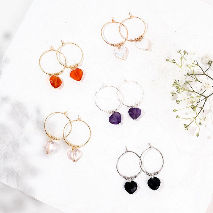 Custom Crystal Heart Dangle Hoop Earrings - Custom Crystal Heart Dangle Hoop Earrings - Sterling Silver / 15mm - Luna Tide Handmade Crystal Jewellery