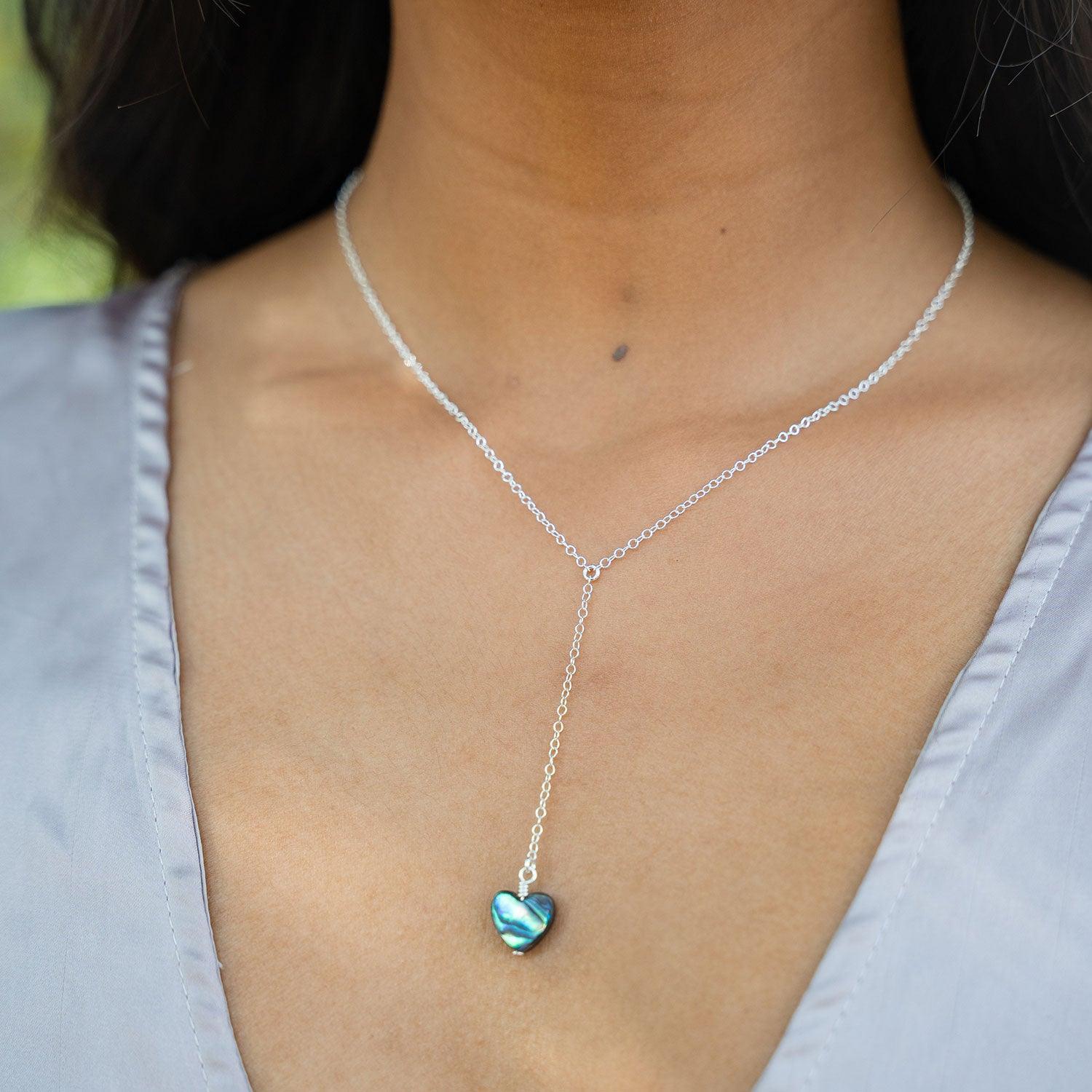 Abalone Shell Heart Lariat Necklace - Abalone Shell Heart Lariat Necklace - Sterling Silver - Luna Tide Handmade Crystal Jewellery