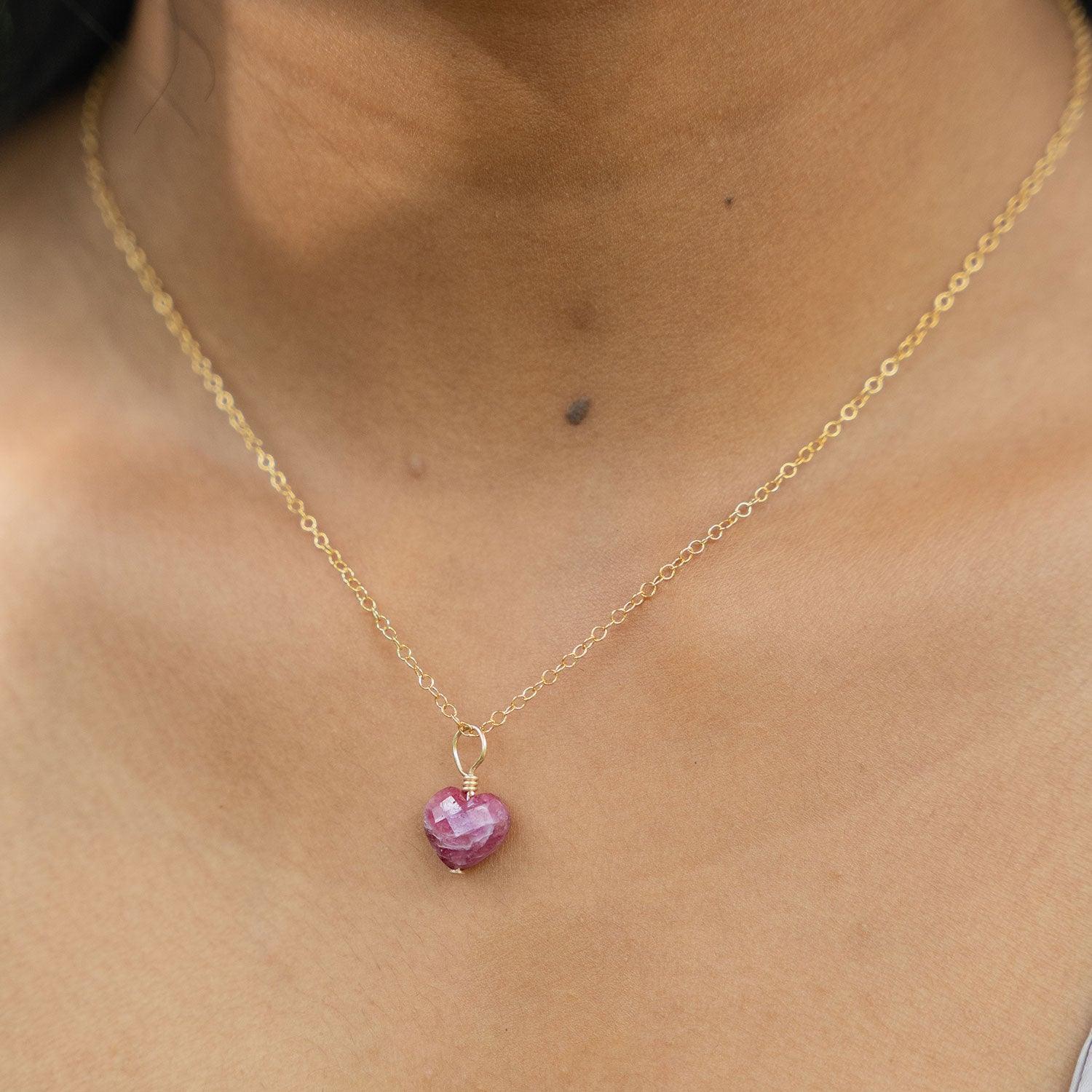 Ruby Crystal Heart Pendant Necklace - Ruby Crystal Heart Pendant Necklace - 14k Gold Fill / Cable - Luna Tide Handmade Crystal Jewellery