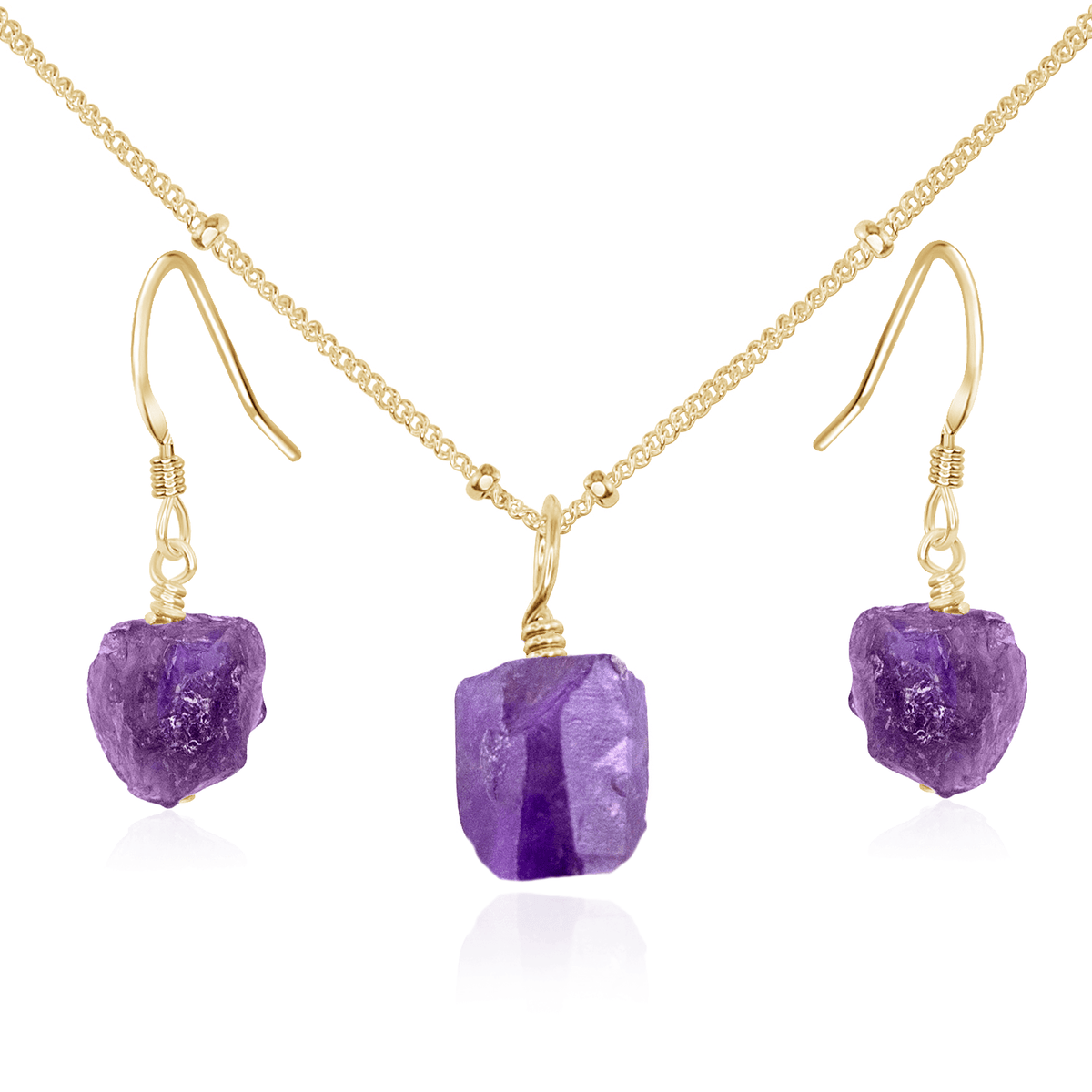 Raw Amethyst Crystal Earrings & Necklace Set - Raw Amethyst Crystal Earrings & Necklace Set - 14k Gold Fill / Satellite - Luna Tide Handmade Crystal Jewellery