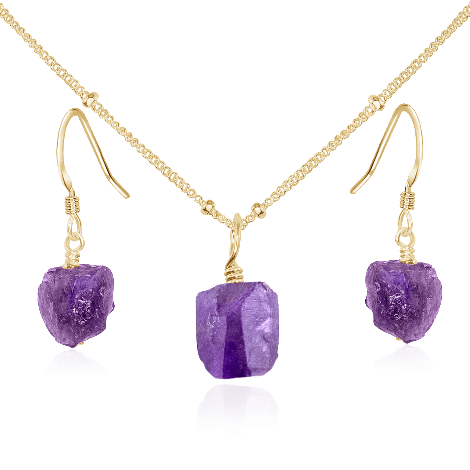 Raw Amethyst Crystal Earrings & Necklace Set - Raw Amethyst Crystal Earrings & Necklace Set - 14k Gold Fill / Satellite - Luna Tide Handmade Crystal Jewellery
