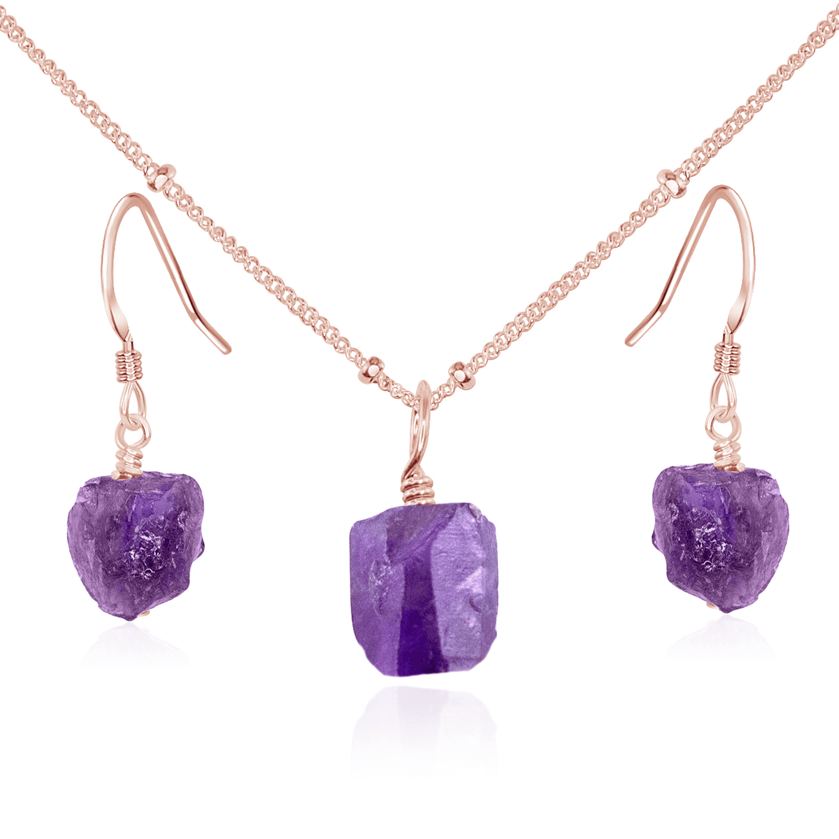 Raw Amethyst Crystal Earrings & Necklace Set - Raw Amethyst Crystal Earrings & Necklace Set - 14k Rose Gold Fill / Satellite - Luna Tide Handmade Crystal Jewellery