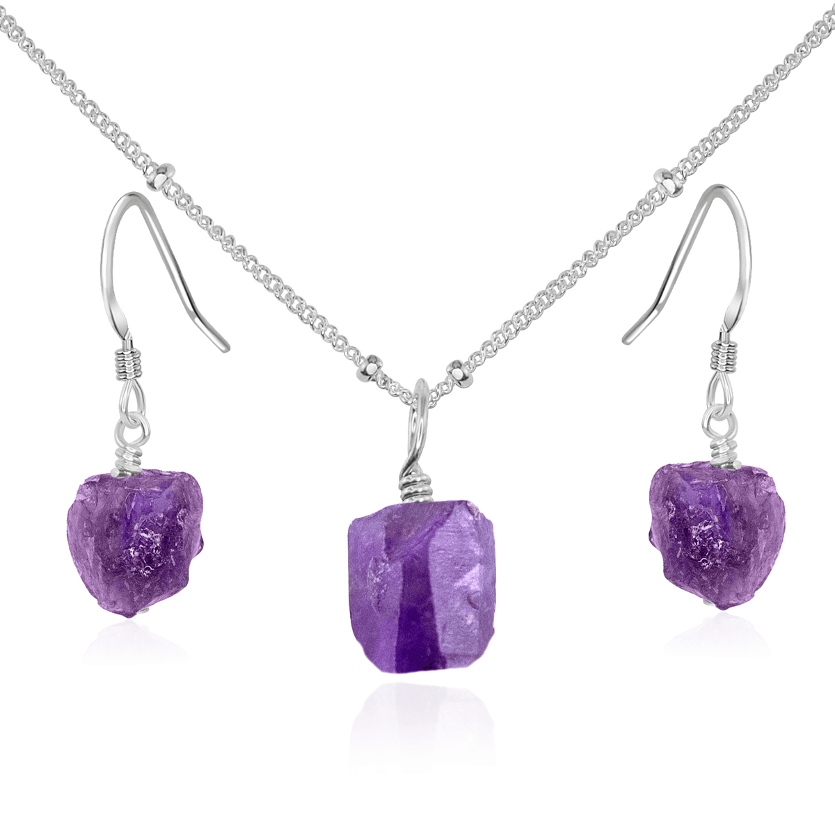 Raw Amethyst Crystal Earrings & Necklace Set - Raw Amethyst Crystal Earrings & Necklace Set - Sterling Silver / Satellite - Luna Tide Handmade Crystal Jewellery