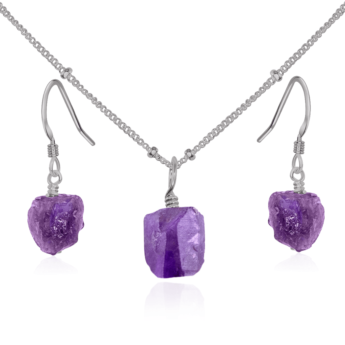 Raw Amethyst Crystal Earrings & Necklace Set - Raw Amethyst Crystal Earrings & Necklace Set - Stainless Steel / Satellite - Luna Tide Handmade Crystal Jewellery