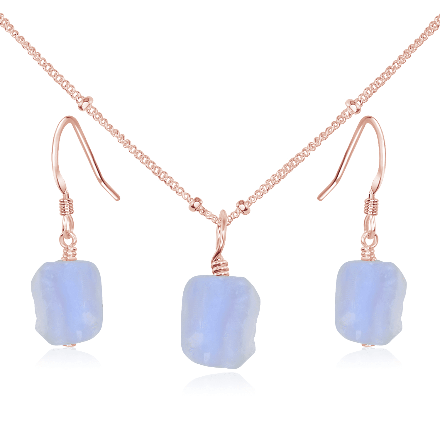 Raw Blue Lace Agate Crystal Earrings & Necklace Set - Raw Blue Lace Agate Crystal Earrings & Necklace Set - 14k Rose Gold Fill / Satellite - Luna Tide Handmade Crystal Jewellery