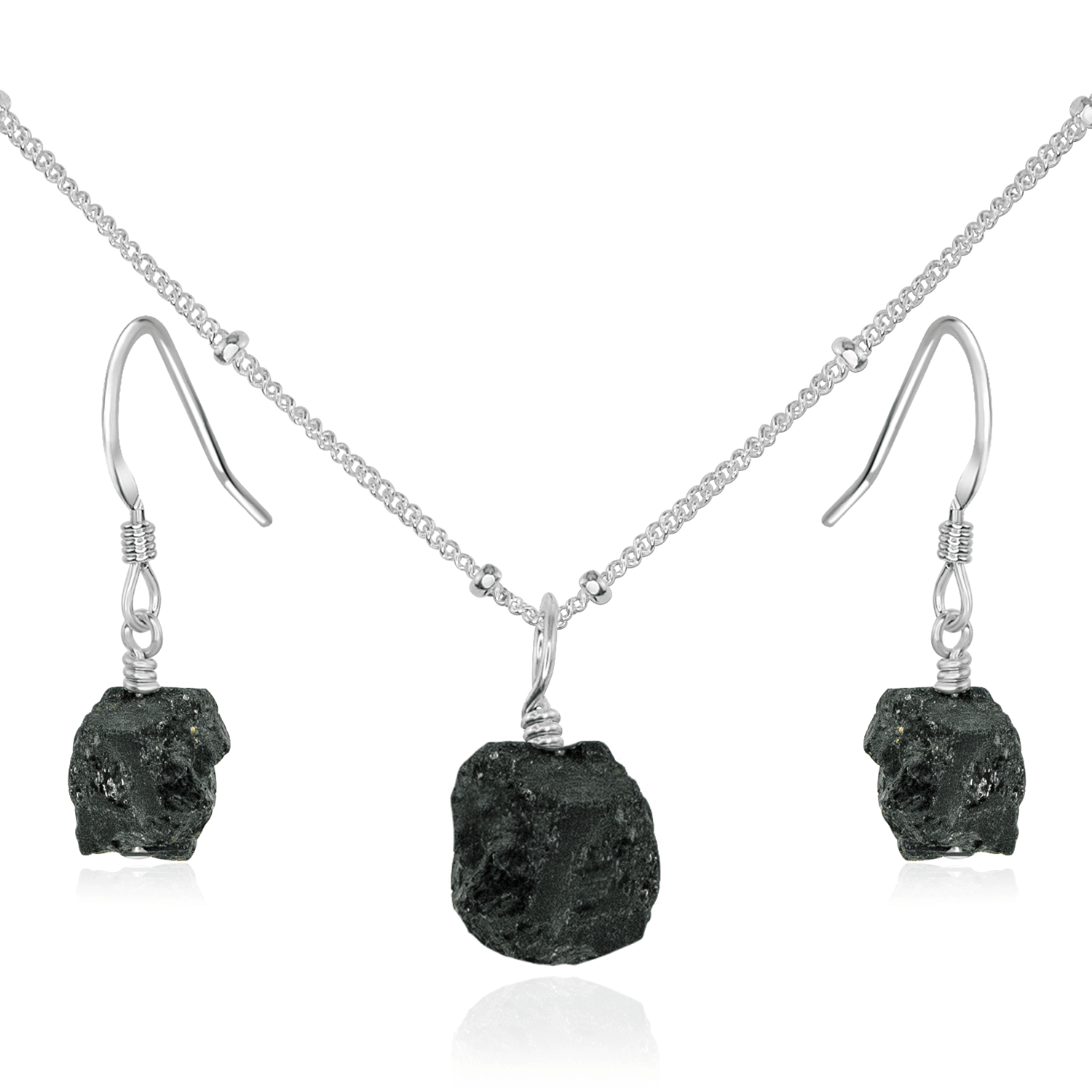 Raw Black Tourmaline Crystal Earrings & Necklace Set - Raw Black Tourmaline Crystal Earrings & Necklace Set - Sterling Silver / Satellite - Luna Tide Handmade Crystal Jewellery