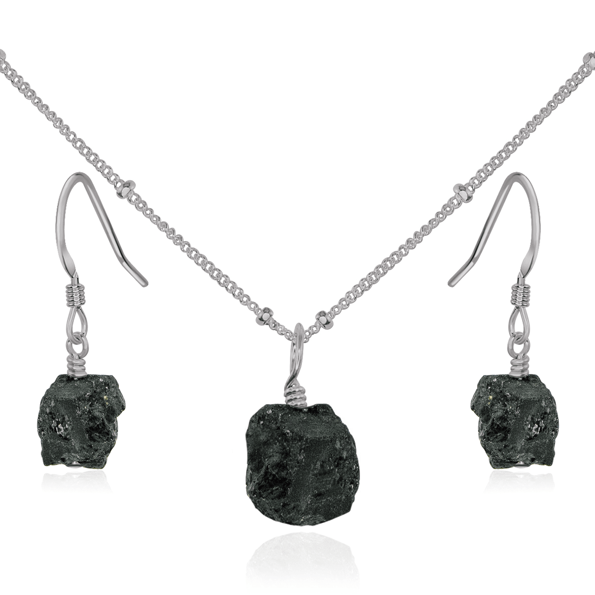 Raw Black Tourmaline Crystal Earrings & Necklace Set - Raw Black Tourmaline Crystal Earrings & Necklace Set - Stainless Steel / Satellite - Luna Tide Handmade Crystal Jewellery