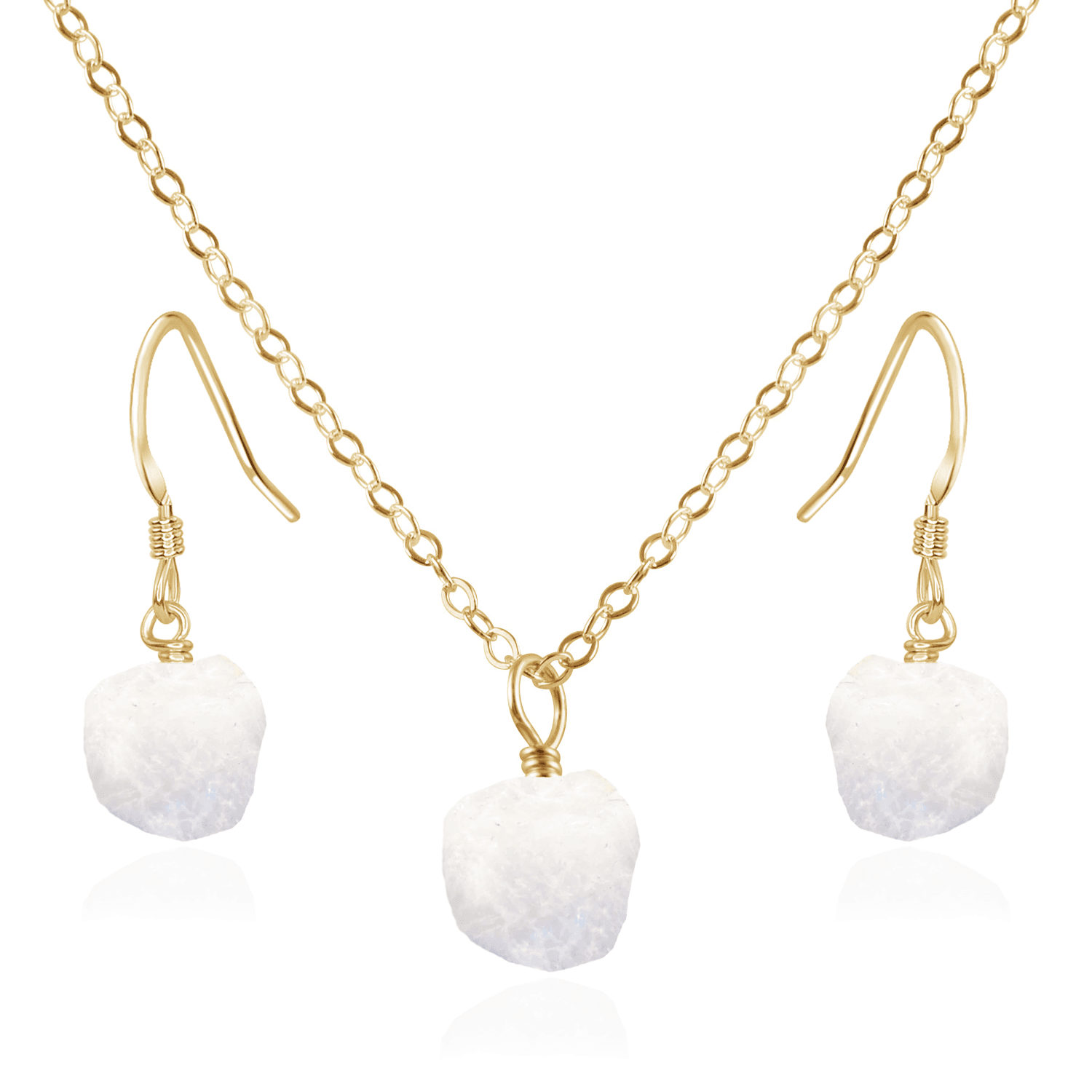 Raw Rainbow Moonstone Crystal Earrings & Necklace Set - Raw Rainbow Moonstone Crystal Earrings & Necklace Set - 14k Gold Fill / Cable - Luna Tide Handmade Crystal Jewellery