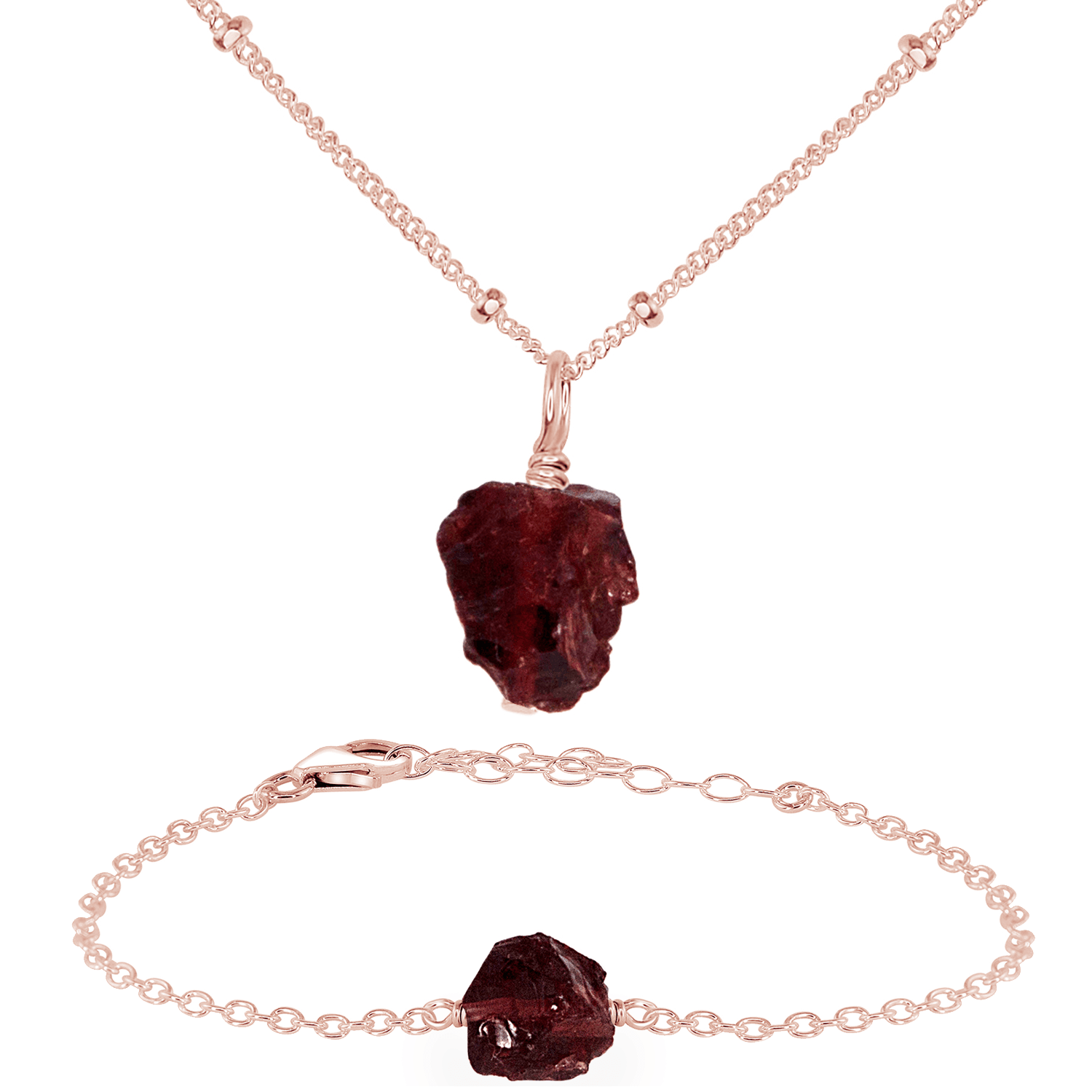 Raw Garnet Crystal Jewellery Set - Raw Garnet Crystal Jewellery Set - 14k Rose Gold Fill / Satellite / Necklace & Bracelet - Luna Tide Handmade Crystal Jewellery