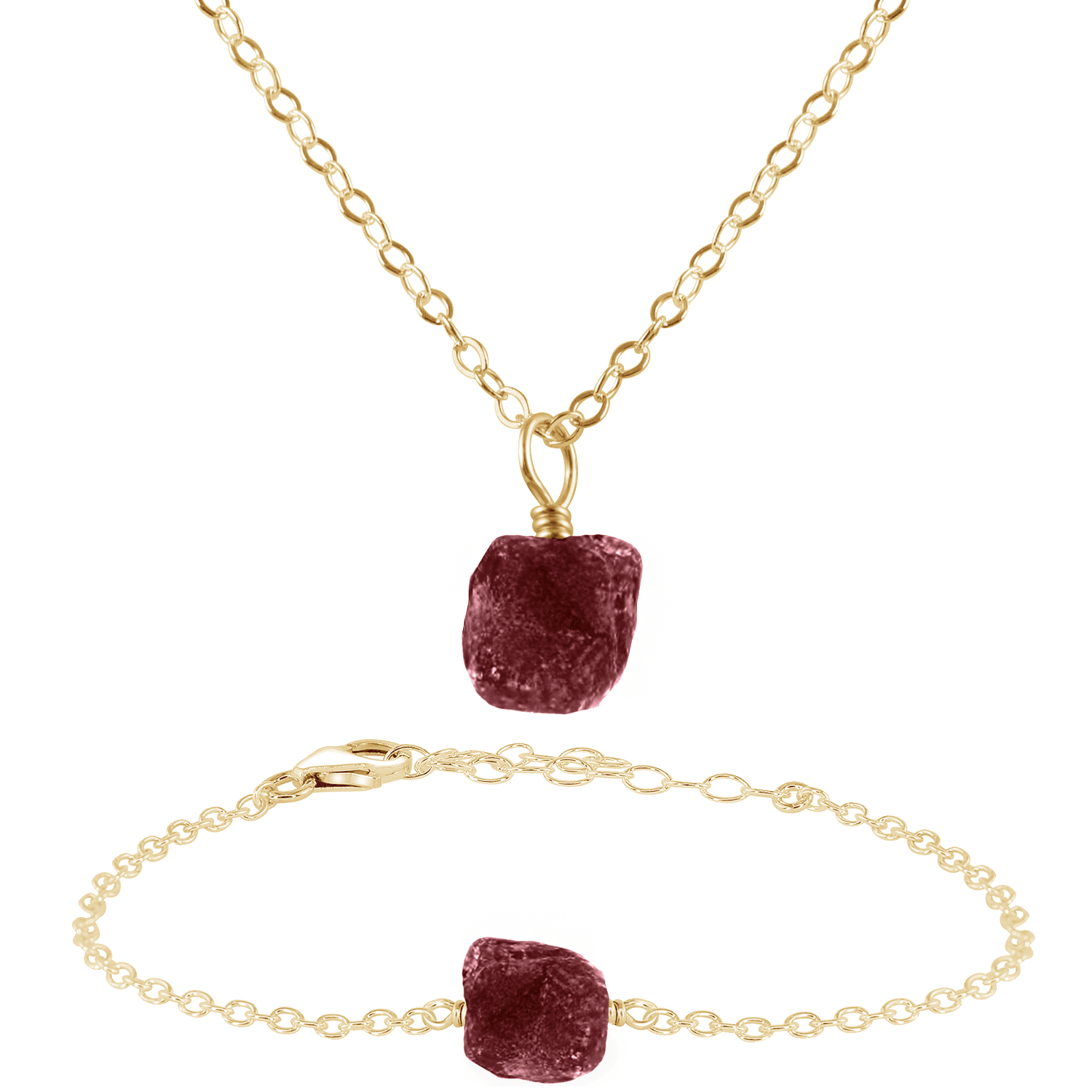 Raw Ruby Crystal Jewellery Set - Raw Ruby Crystal Jewellery Set - 14k Gold Fill / Cable / Necklace & Bracelet - Luna Tide Handmade Crystal Jewellery