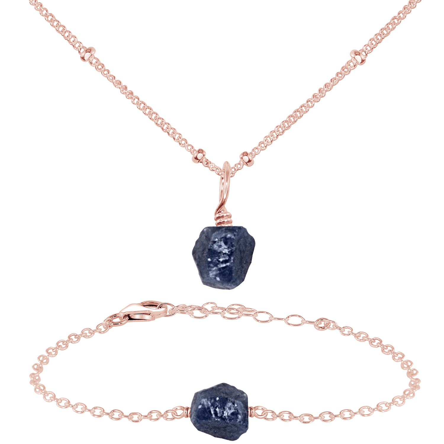 Raw Sapphire Crystal Jewellery Set - Raw Sapphire Crystal Jewellery Set - 14k Rose Gold Fill / Satellite / Necklace & Bracelet - Luna Tide Handmade Crystal Jewellery