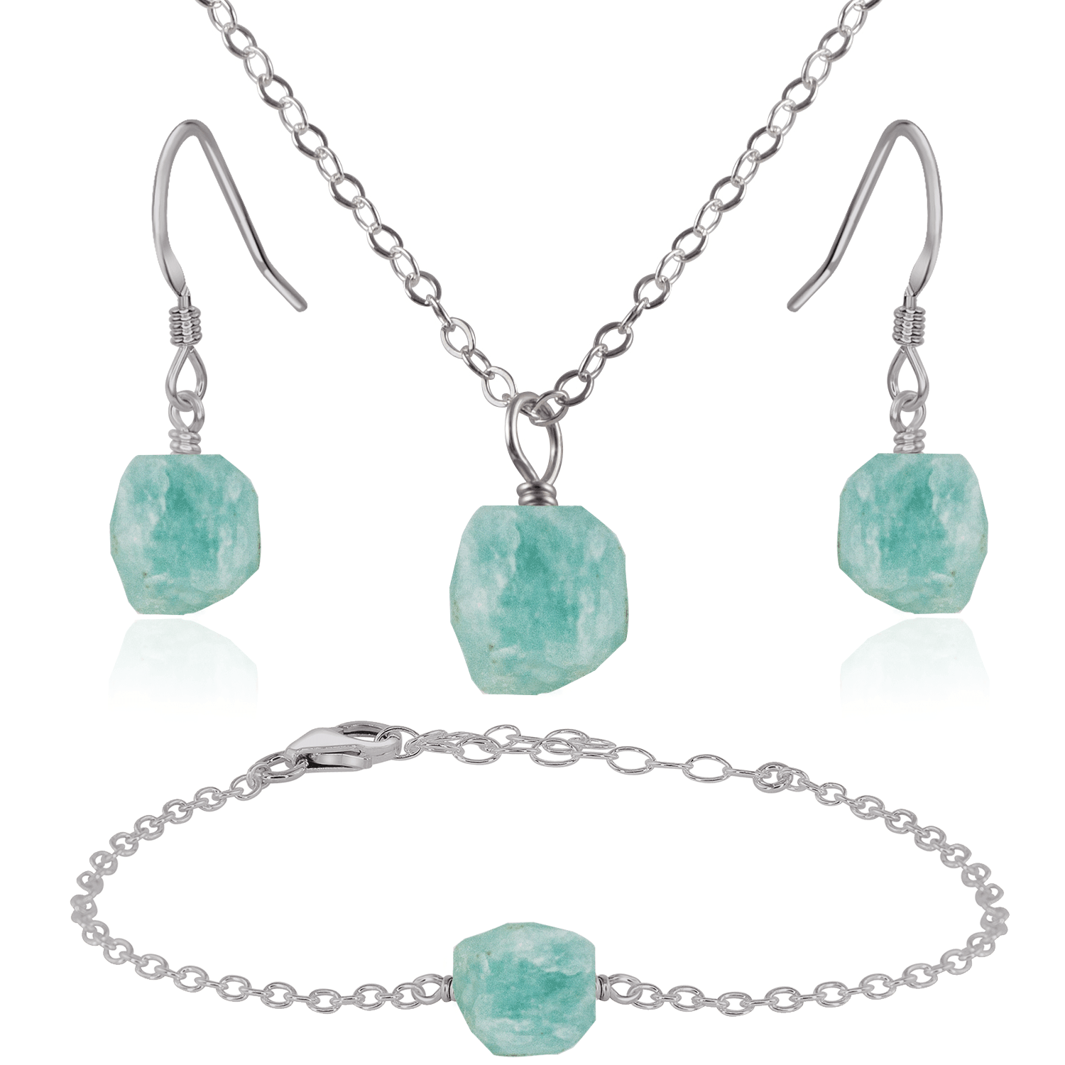 Raw Amazonite Crystal Jewellery Set - Raw Amazonite Crystal Jewellery Set - Stainless Steel / Cable / Necklace & Earrings & Bracelet - Luna Tide Handmade Crystal Jewellery