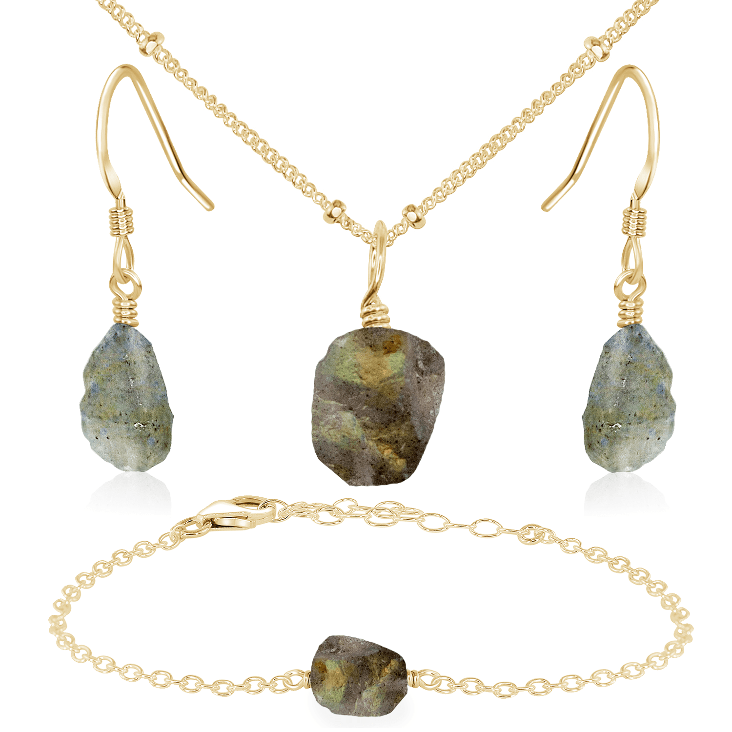 Raw Labradorite Crystal Jewellery Set - Raw Labradorite Crystal Jewellery Set - 14k Gold Fill / Satellite / Necklace & Earrings & Bracelet - Luna Tide Handmade Crystal Jewellery