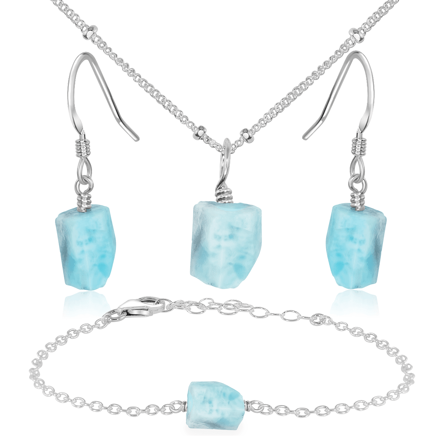 Raw Larimar Crystal Jewellery Set - Raw Larimar Crystal Jewellery Set - Sterling Silver / Satellite / Necklace & Earrings & Bracelet - Luna Tide Handmade Crystal Jewellery