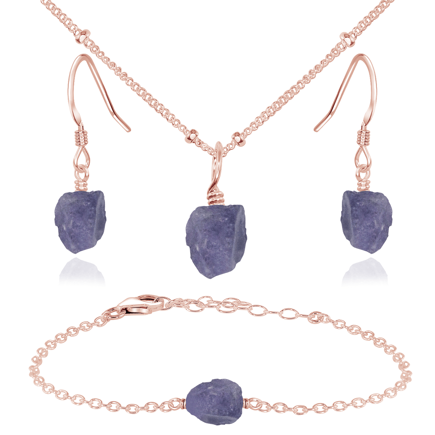 Raw Tanzanite Crystal Jewellery Set - Raw Tanzanite Crystal Jewellery Set - 14k Rose Gold Fill / Satellite / Necklace & Earrings & Bracelet - Luna Tide Handmade Crystal Jewellery
