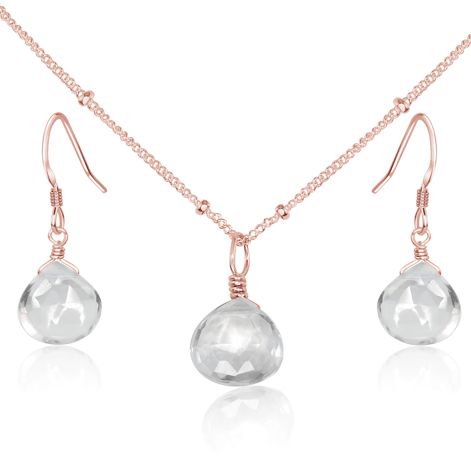 Crystal Quartz Tiny Teardrop Earrings & Necklace Set - Crystal Quartz Tiny Teardrop Earrings & Necklace Set - 14k Rose Gold Fill / Satellite - Luna Tide Handmade Crystal Jewellery