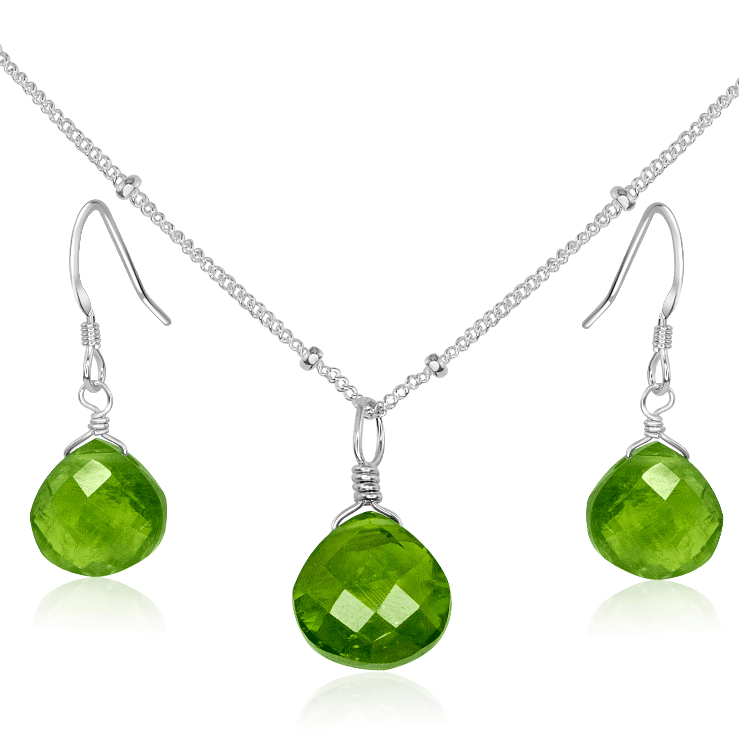 Peridot Tiny Teardrop Earrings & Necklace Set - Peridot Tiny Teardrop Earrings & Necklace Set - Sterling Silver / Satellite - Luna Tide Handmade Crystal Jewellery