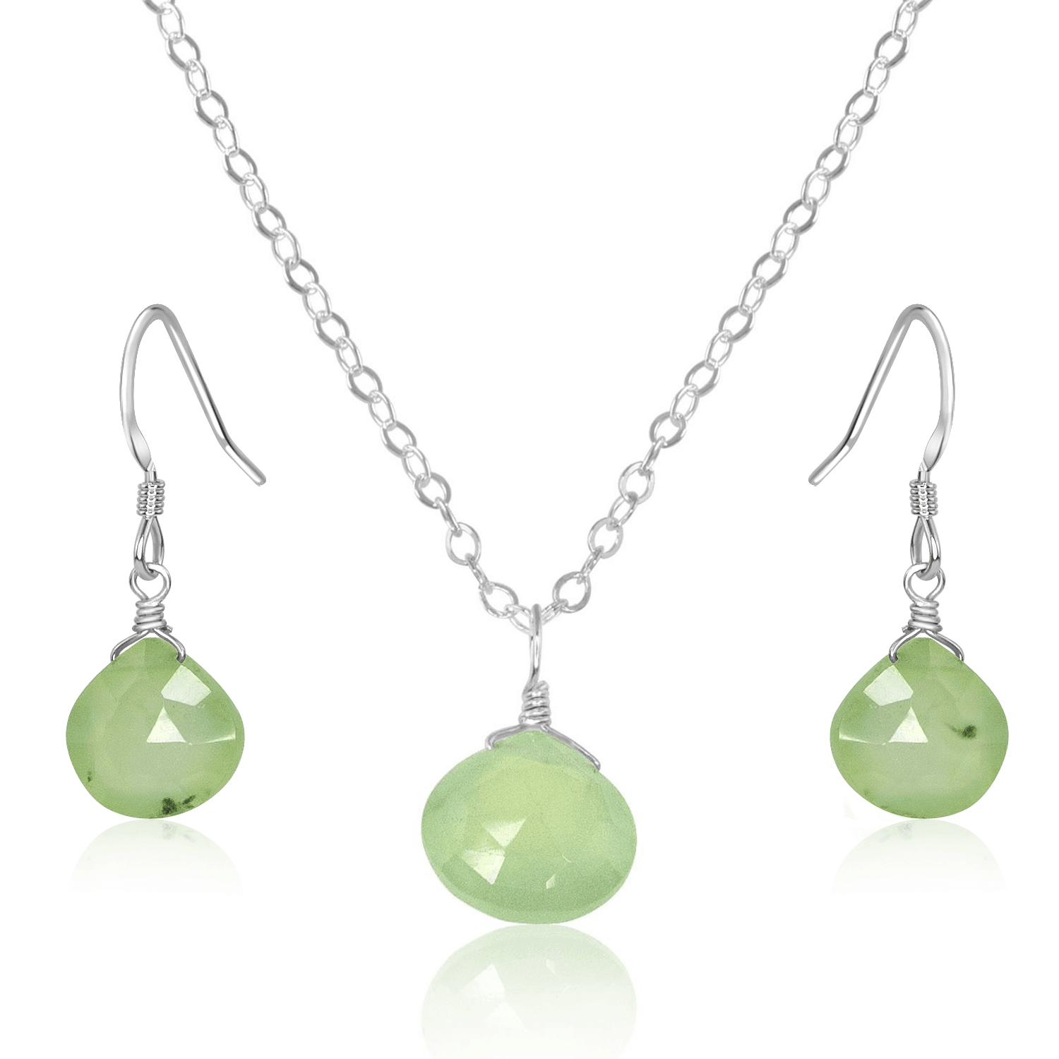 Prehnite Tiny Teardrop Earrings & Necklace Set - Prehnite Tiny Teardrop Earrings & Necklace Set - Sterling Silver / Cable - Luna Tide Handmade Crystal Jewellery