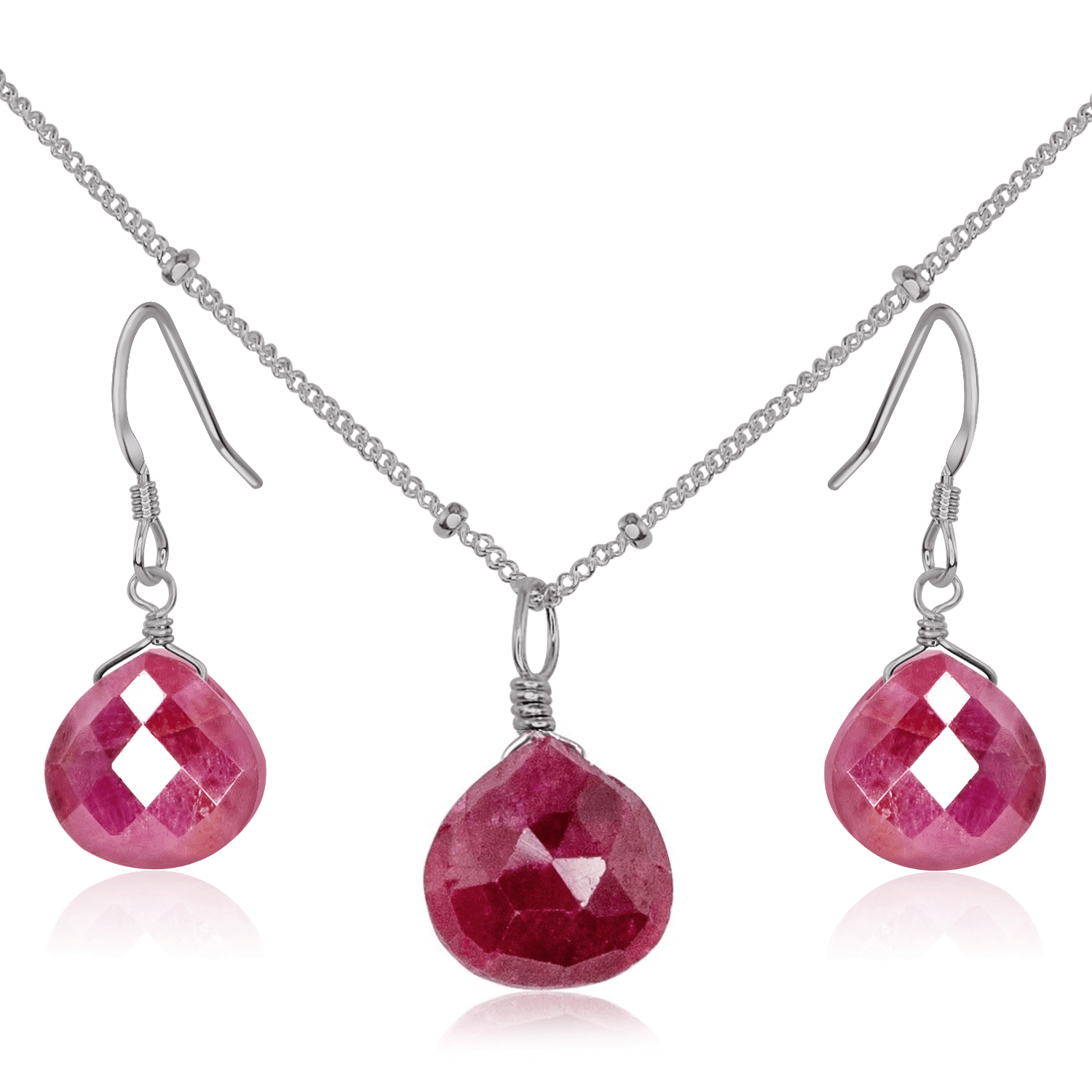 Ruby Tiny Teardrop Earrings & Necklace Set - Ruby Tiny Teardrop Earrings & Necklace Set - Stainless Steel / Satellite - Luna Tide Handmade Crystal Jewellery