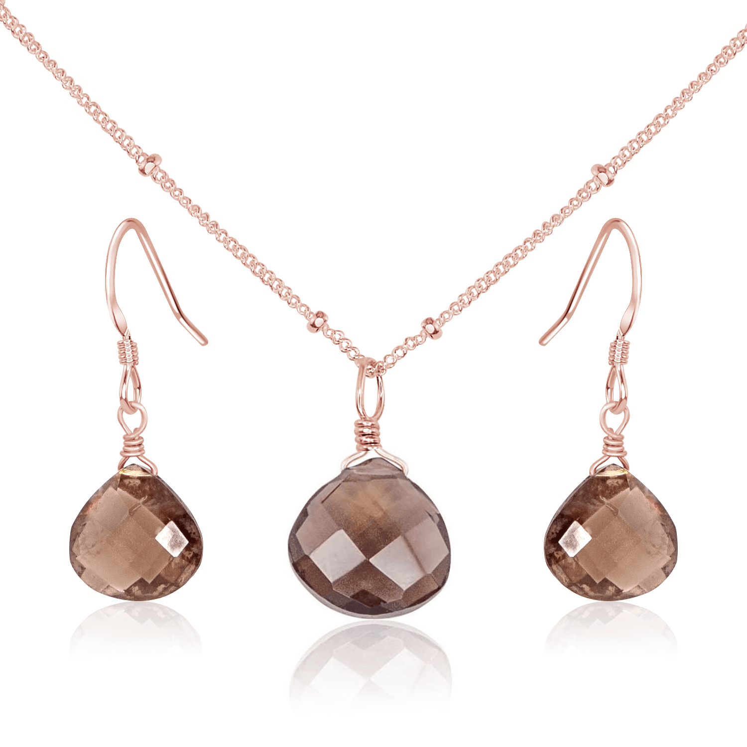 Smoky Quartz Tiny Teardrop Earrings & Necklace Set - Smoky Quartz Tiny Teardrop Earrings & Necklace Set - 14k Rose Gold Fill / Satellite - Luna Tide Handmade Crystal Jewellery