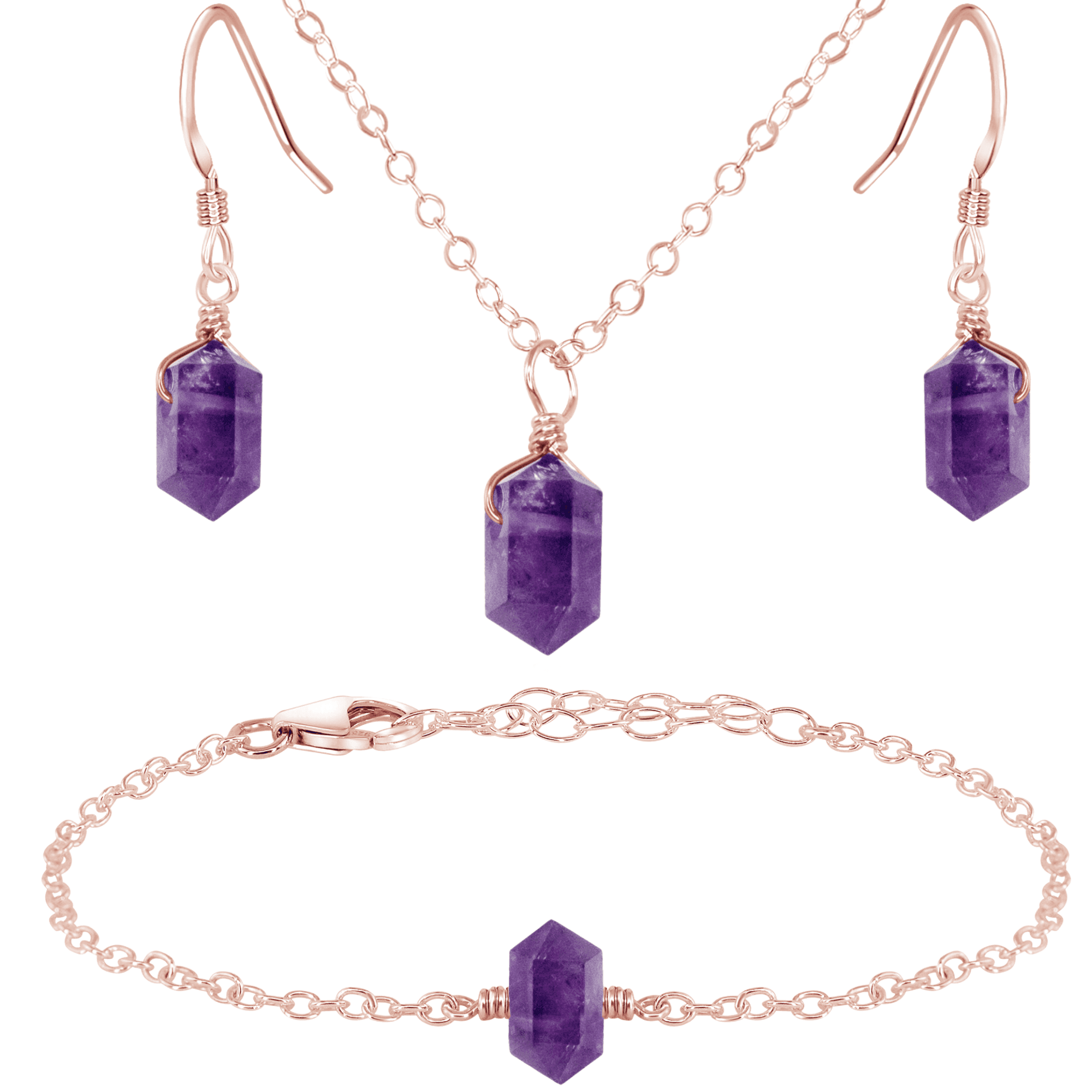 Amethyst Double Terminated Crystal Earrings, Necklace & Bracelet Set - Amethyst Double Terminated Crystal Earrings, Necklace & Bracelet Set - 14k Rose Gold Fill - Luna Tide Handmade Crystal Jewellery