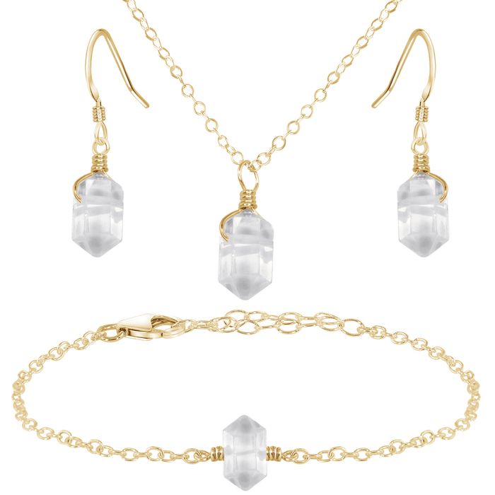 Crystal Quartz Double Terminated Earrings, Necklace & Bracelet Set - Crystal Quartz Double Terminated Earrings, Necklace & Bracelet Set - 14k Gold Fill - Luna Tide Handmade Crystal Jewellery