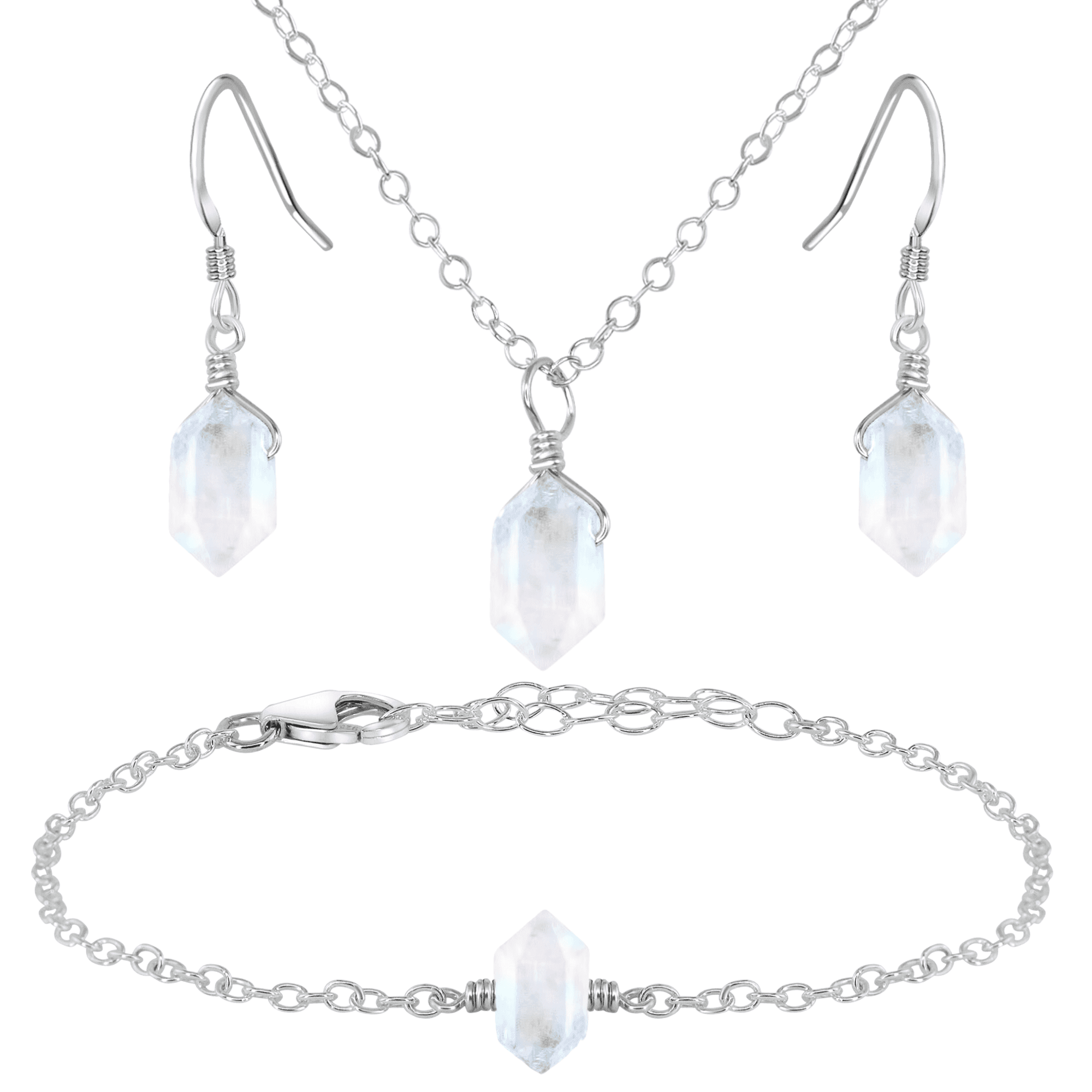 Rainbow Moonstone Double Terminated Crystal Earrings, Necklace & Bracelet Set - Rainbow Moonstone Double Terminated Crystal Earrings, Necklace & Bracelet Set - Sterling Silver - Luna Tide Handmade Crystal Jewellery