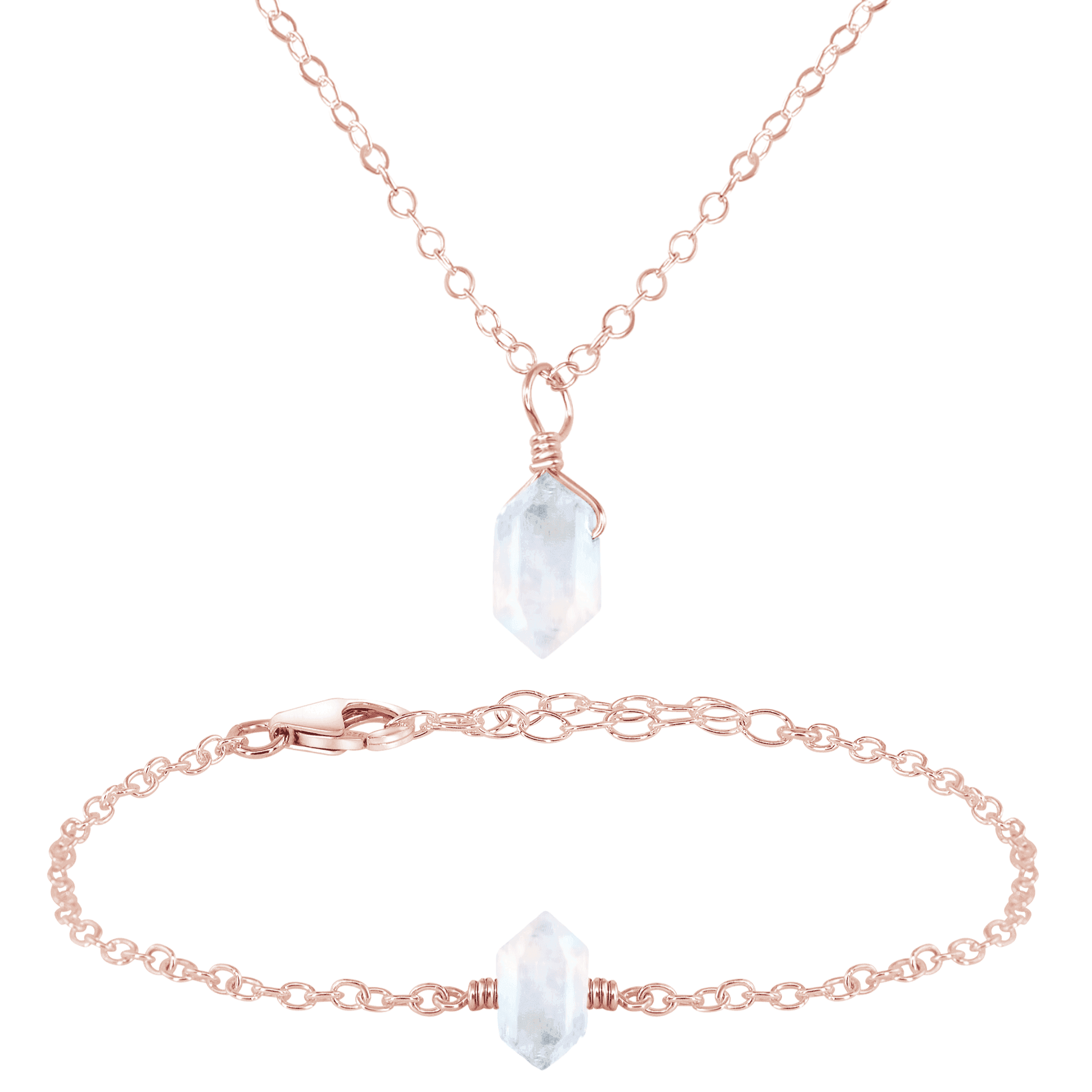 Rainbow Moonstone Double Terminated Crystal Necklace & Bracelet Set - Rainbow Moonstone Double Terminated Crystal Necklace & Bracelet Set - 14k Rose Gold Fill - Luna Tide Handmade Crystal Jewellery