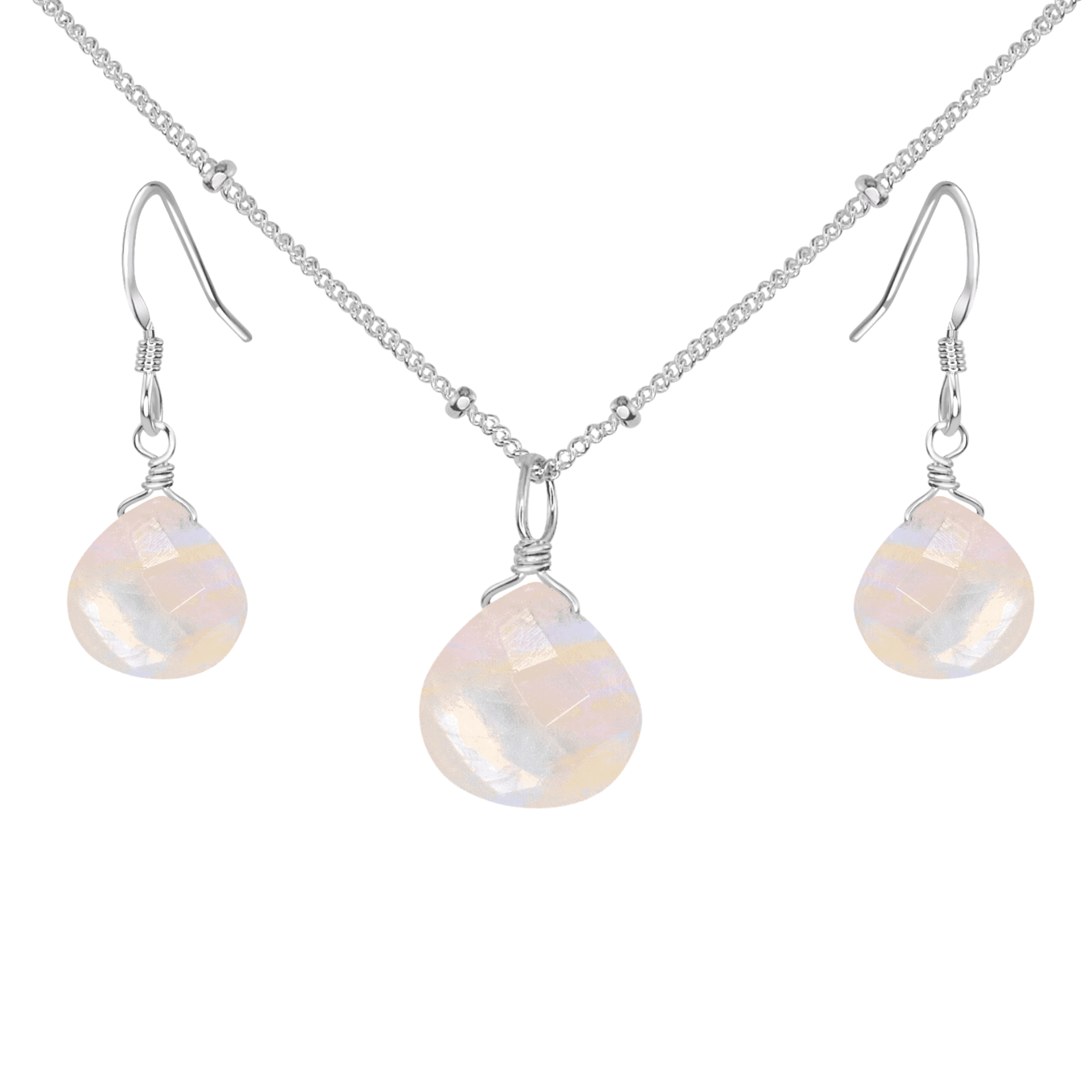 Rainbow Moonstone Tiny Teardrop Earrings & Necklace Set - Rainbow Moonstone Tiny Teardrop Earrings & Necklace Set - Sterling Silver / Satellite - Luna Tide Handmade Crystal Jewellery