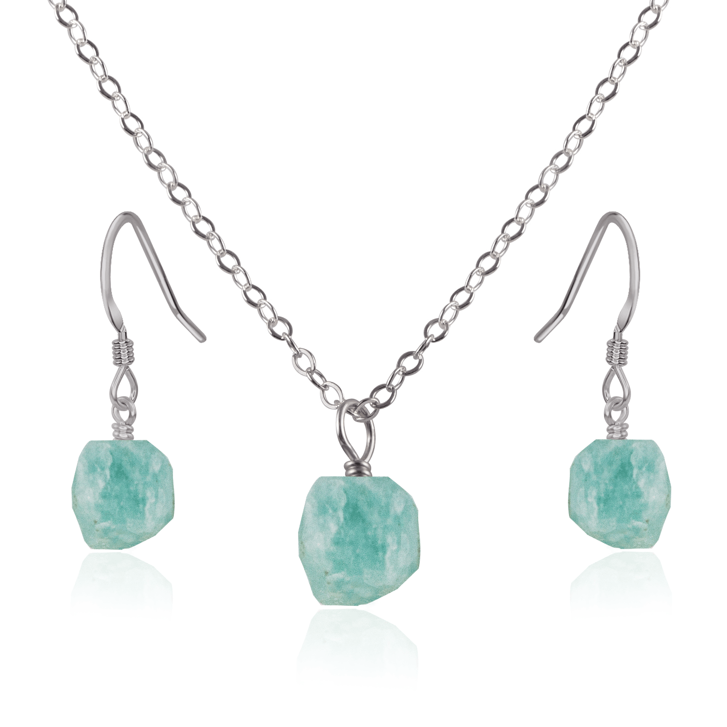 Raw Amazonite Crystal Jewellery Set - Raw Amazonite Crystal Jewellery Set - Stainless Steel / Cable / Necklace & Earrings - Luna Tide Handmade Crystal Jewellery