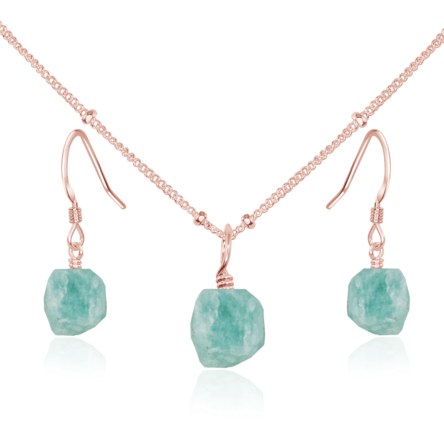 Raw Amazonite Crystal Jewellery Set - Raw Amazonite Crystal Jewellery Set - 14k Rose Gold Fill / Satellite / Necklace & Earrings - Luna Tide Handmade Crystal Jewellery