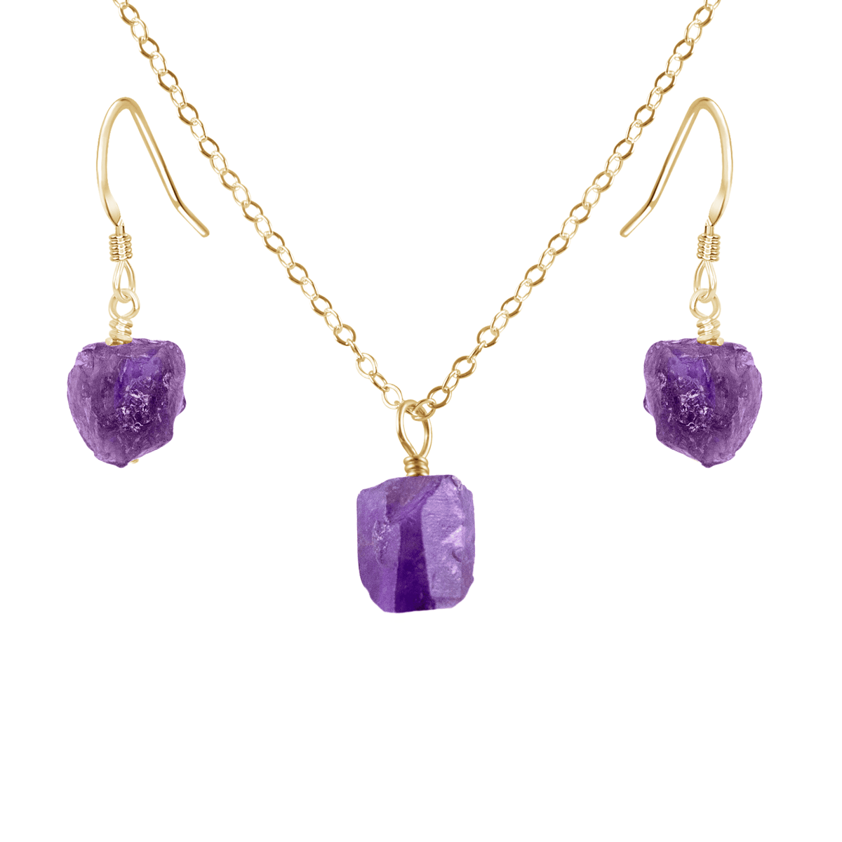 Raw Amethyst Crystal Earrings & Necklace Set - Raw Amethyst Crystal Earrings & Necklace Set - 14k Gold Fill / Cable - Luna Tide Handmade Crystal Jewellery