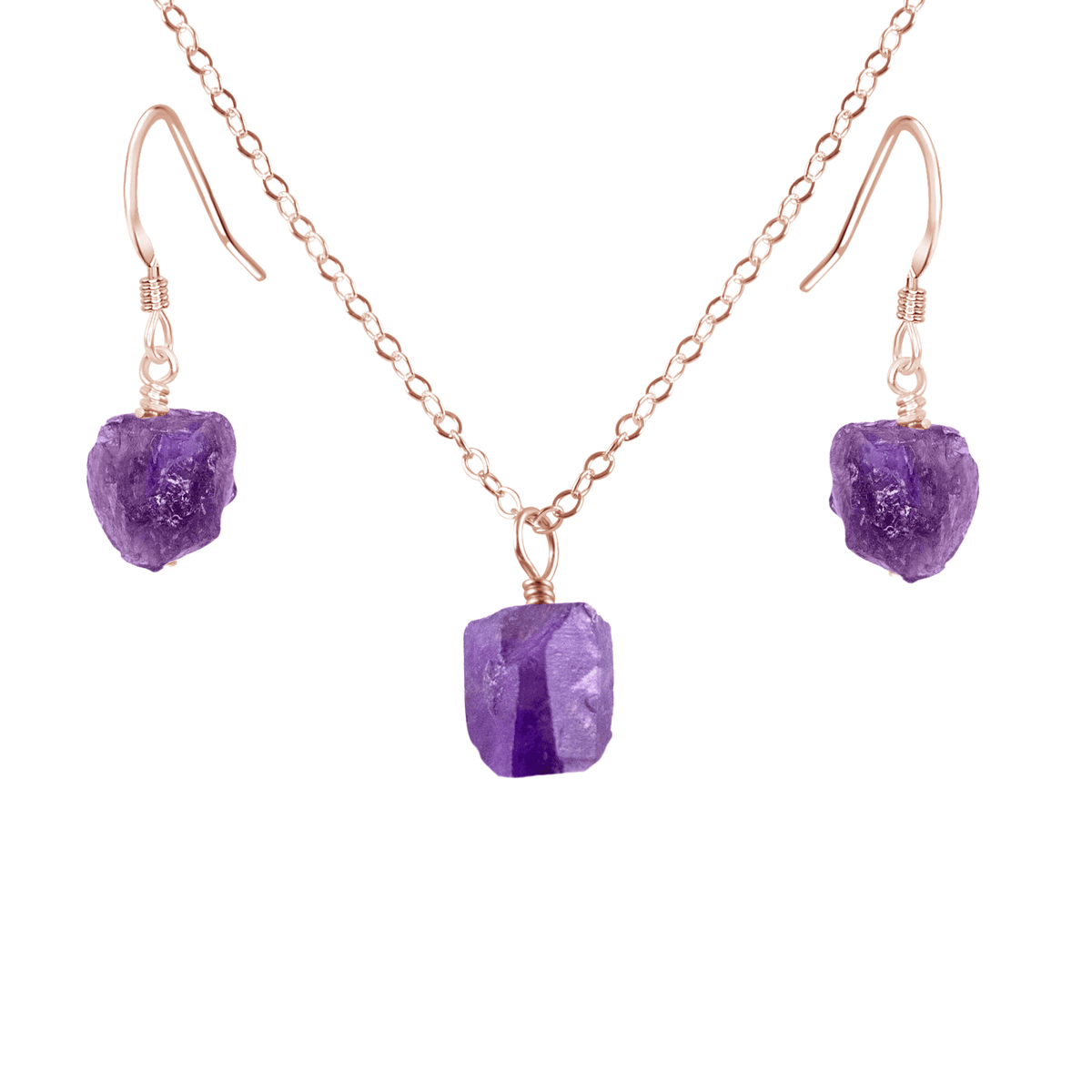 Raw Amethyst Crystal Earrings & Necklace Set - Raw Amethyst Crystal Earrings & Necklace Set - 14k Rose Gold Fill / Cable - Luna Tide Handmade Crystal Jewellery