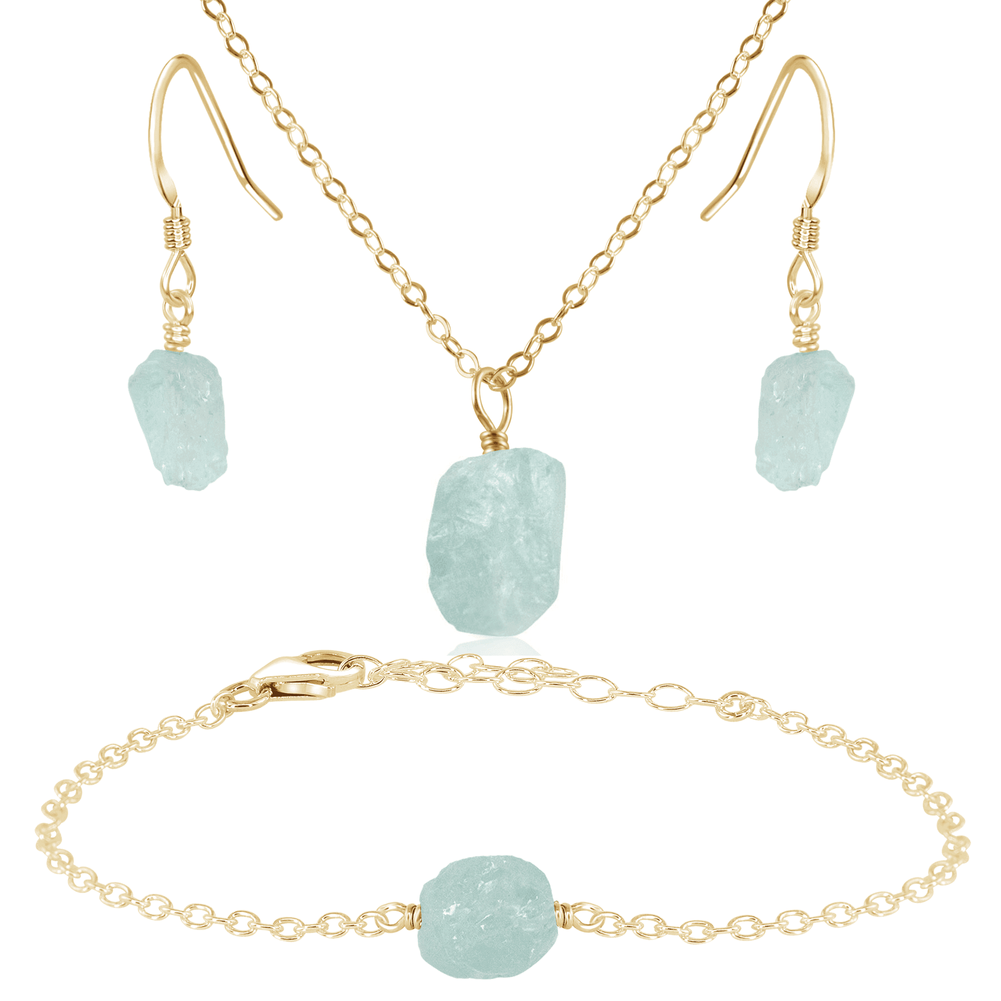 Raw Aquamarine Crystal Earrings, Necklace & Bracelet Set - Raw Aquamarine Crystal Earrings, Necklace & Bracelet Set - 14k Gold Fill - Luna Tide Handmade Crystal Jewellery