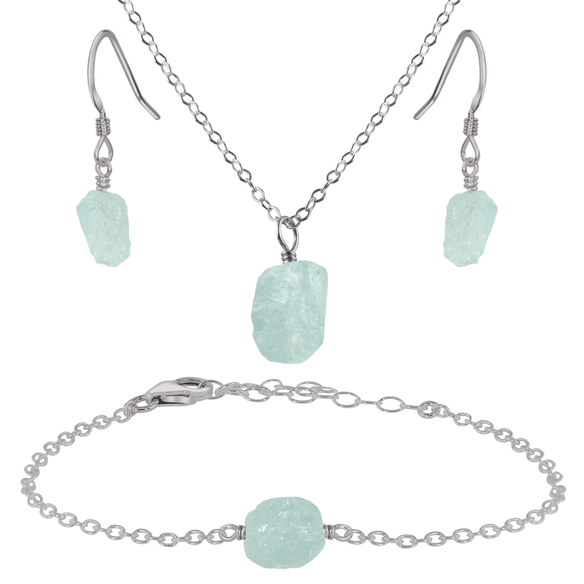 Raw Aquamarine Crystal Earrings, Necklace & Bracelet Set - Raw Aquamarine Crystal Earrings, Necklace & Bracelet Set - Stainless Steel - Luna Tide Handmade Crystal Jewellery
