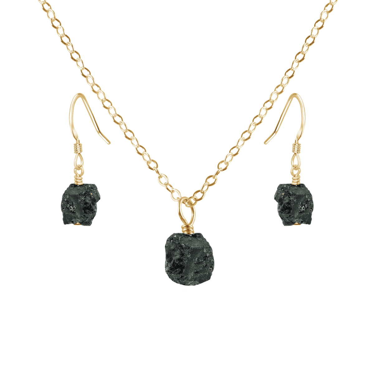 Raw Black Tourmaline Crystal Earrings & Necklace Set - Raw Black Tourmaline Crystal Earrings & Necklace Set - 14k Gold Fill / Cable - Luna Tide Handmade Crystal Jewellery