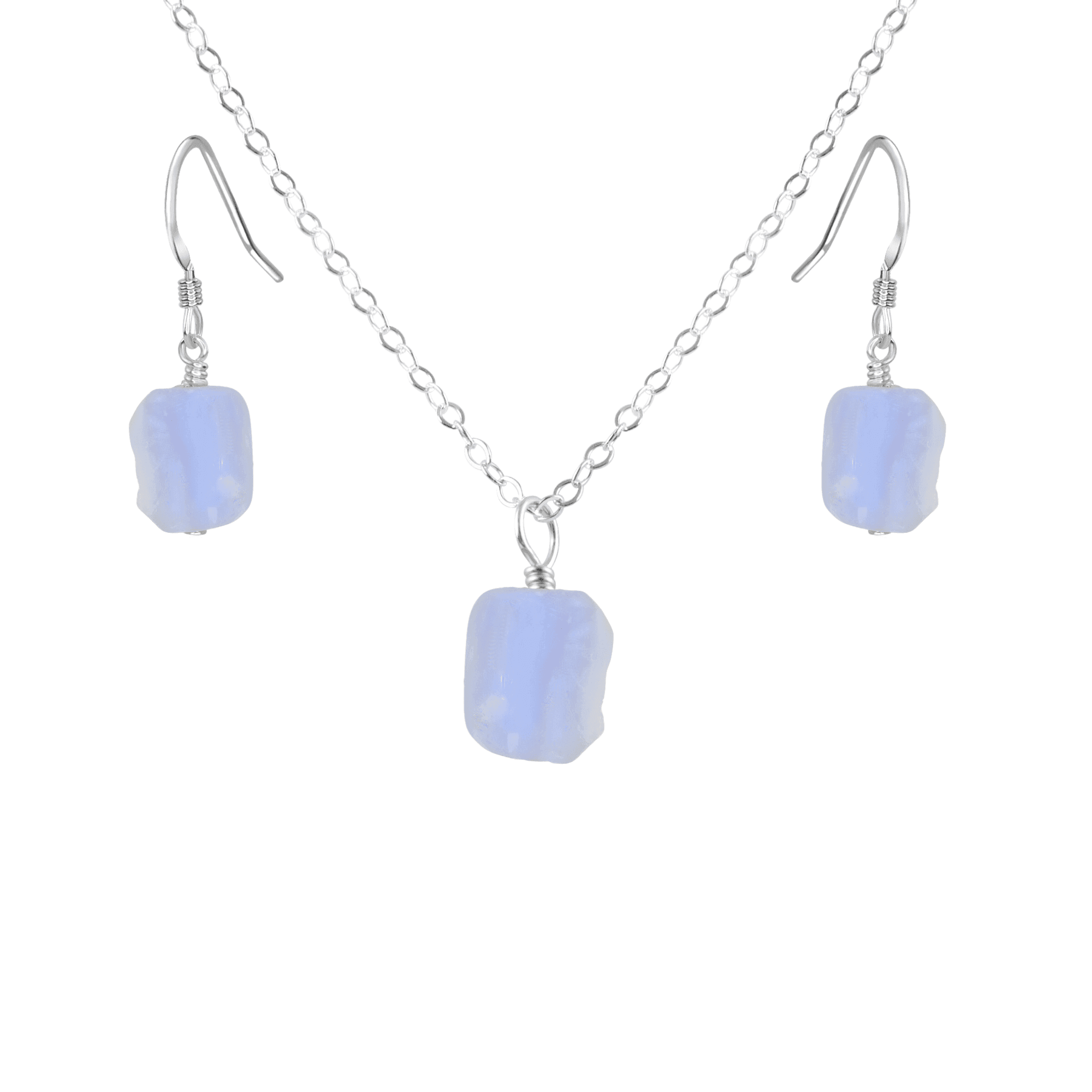 Raw Blue Lace Agate Crystal Earrings & Necklace Set - Raw Blue Lace Agate Crystal Earrings & Necklace Set - Sterling Silver / Cable - Luna Tide Handmade Crystal Jewellery