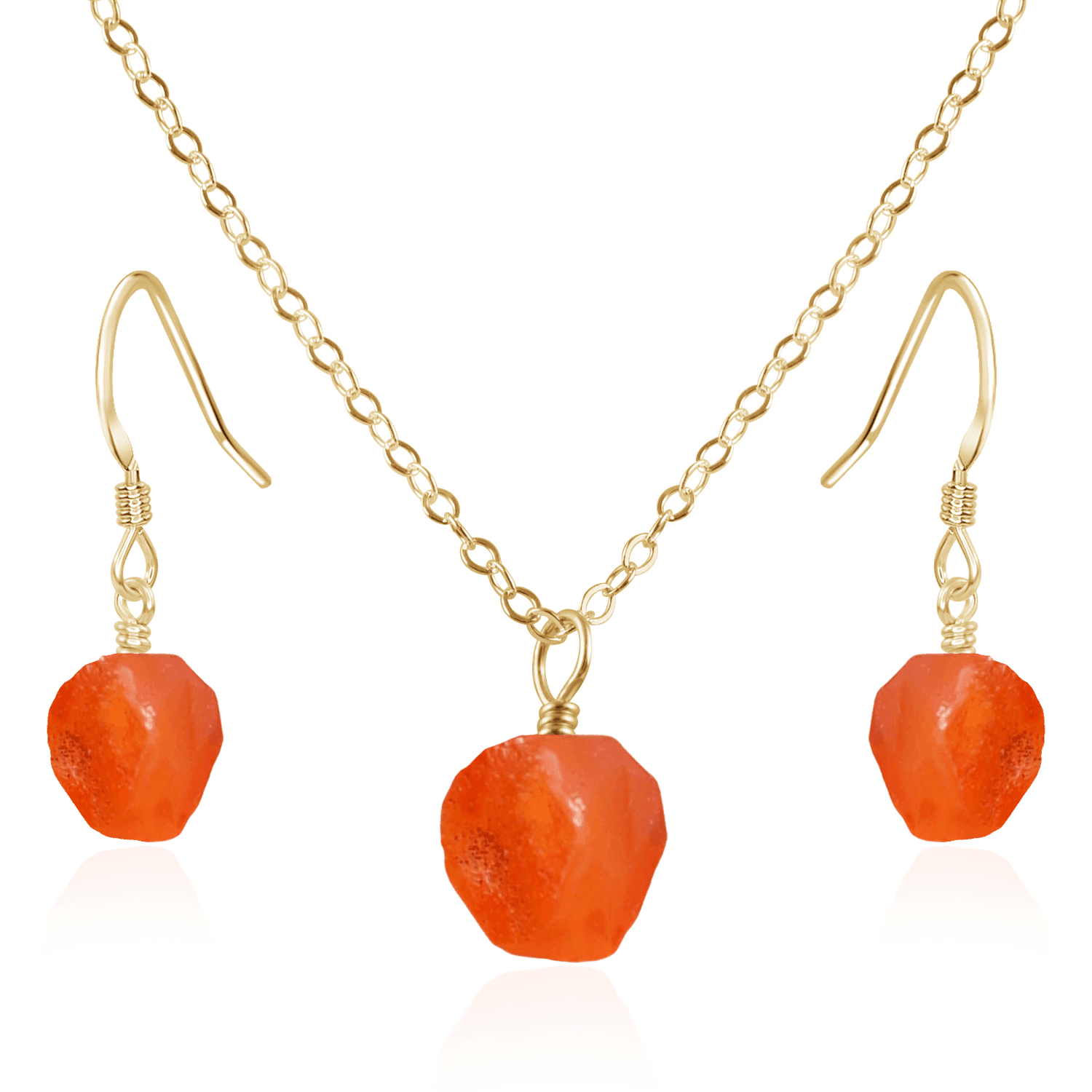 Raw Carnelian Crystal Jewellery Set - Raw Carnelian Crystal Jewellery Set - 14k Gold Fill / Cable / Necklace & Earrings - Luna Tide Handmade Crystal Jewellery