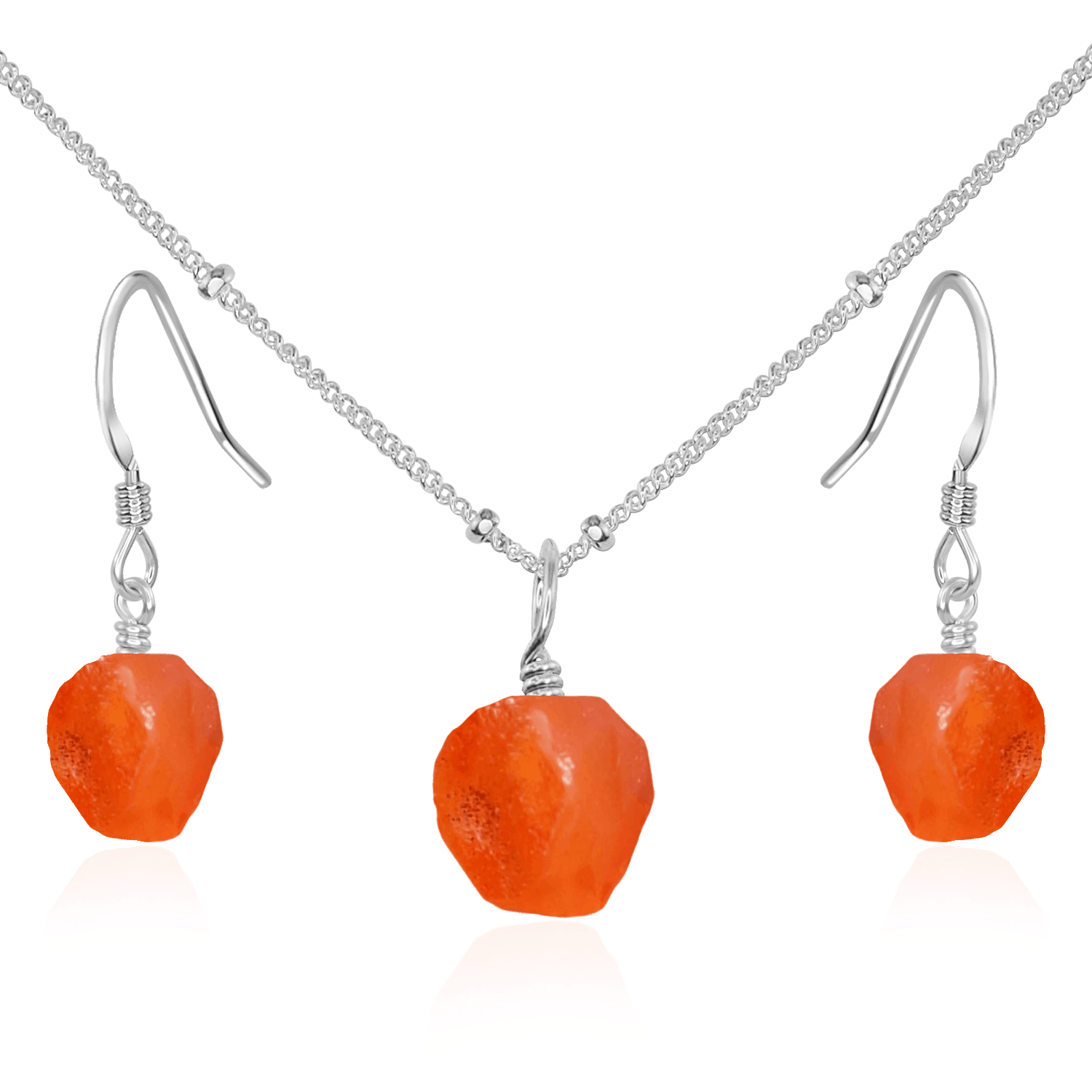 Raw Carnelian Crystal Jewellery Set - Raw Carnelian Crystal Jewellery Set - Sterling Silver / Satellite / Necklace & Earrings - Luna Tide Handmade Crystal Jewellery