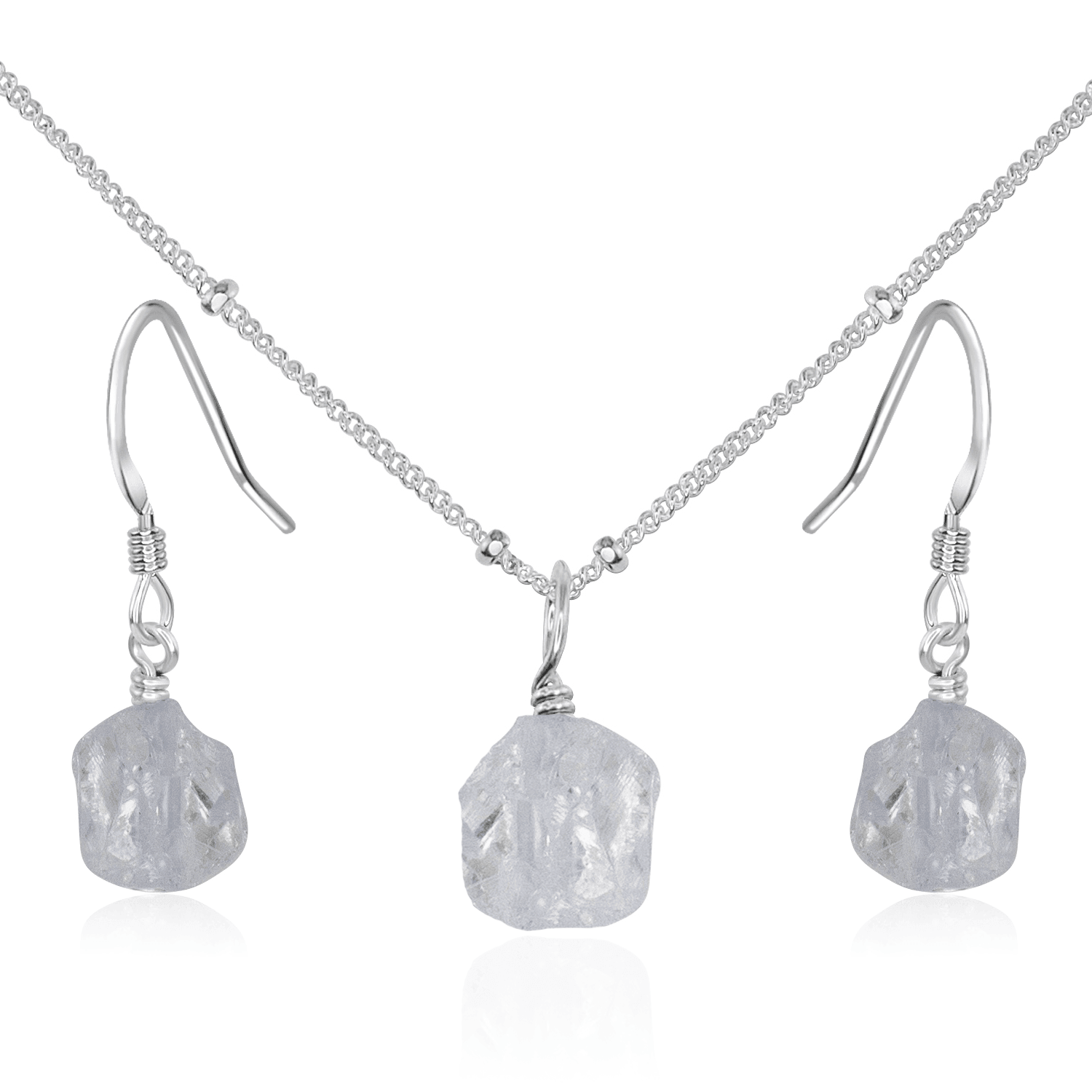 Raw Crystal Quartz Jewellery Set - Raw Crystal Quartz Jewellery Set - Sterling Silver / Satellite / Necklace & Earrings - Luna Tide Handmade Crystal Jewellery