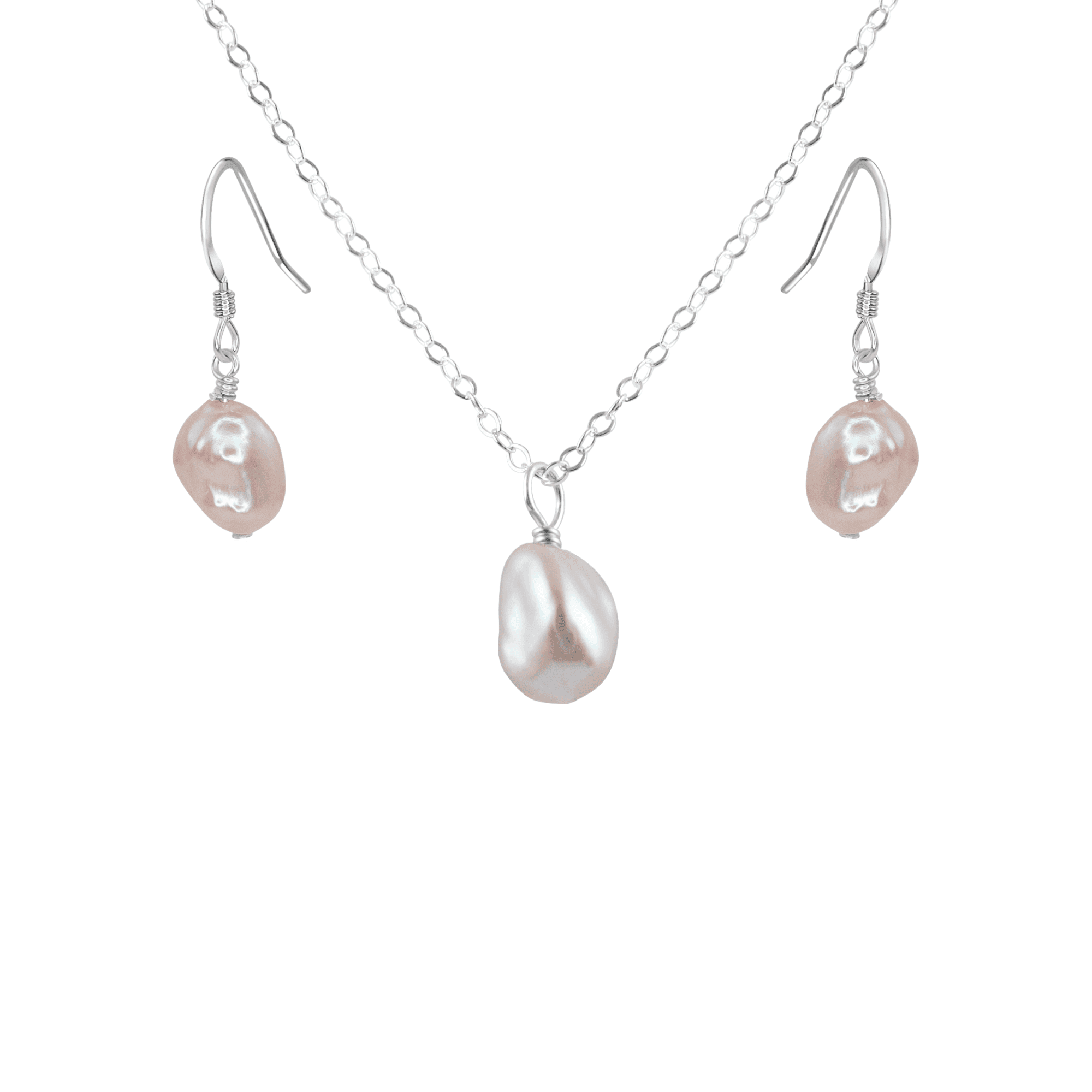 Raw Freshwater Pearl Crystal Earrings & Necklace Set - Raw Freshwater Pearl Crystal Earrings & Necklace Set - Sterling Silver / Cable - Luna Tide Handmade Crystal Jewellery