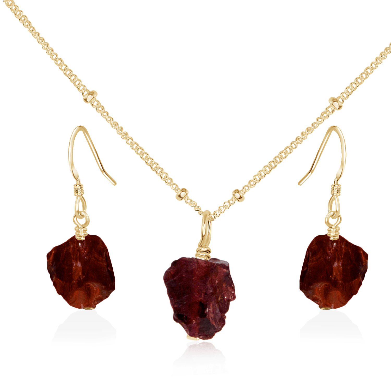 Raw Garnet Crystal Jewellery Set - Raw Garnet Crystal Jewellery Set - 14k Gold Fill / Satellite / Necklace & Earrings - Luna Tide Handmade Crystal Jewellery